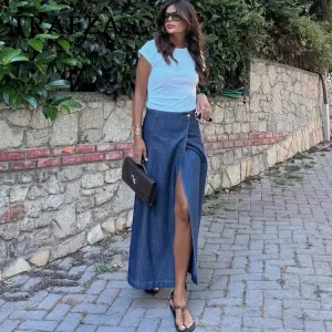 Casual Vintage Loose Denim Long Skirt with Elegant Sashes Bottom