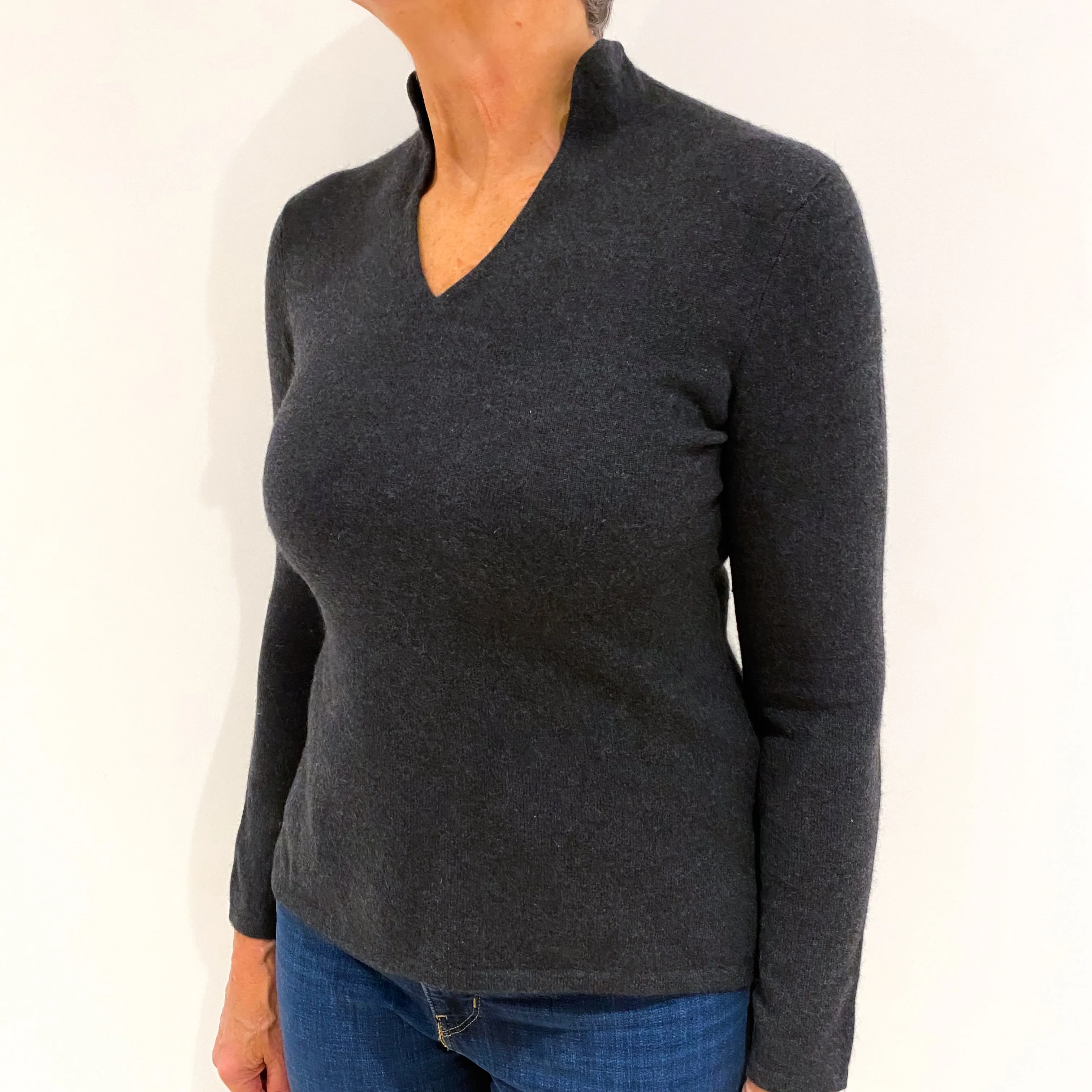 Charcoal Grey Cashmere Collared V-Neck Jumper Medium