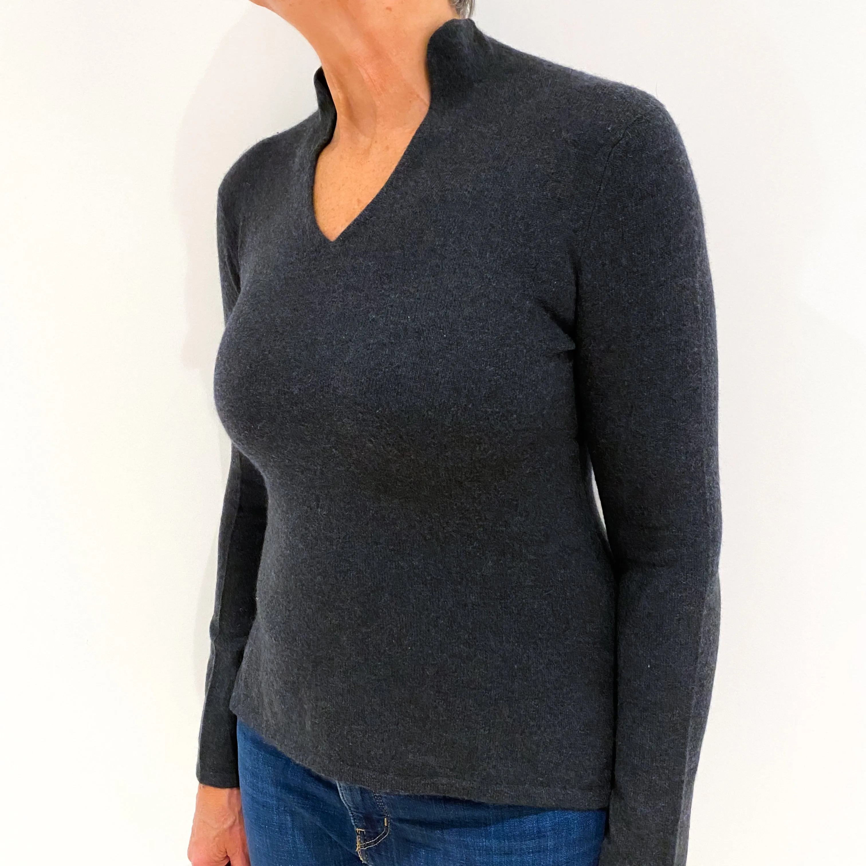 Charcoal Grey Cashmere Collared V-Neck Jumper Medium