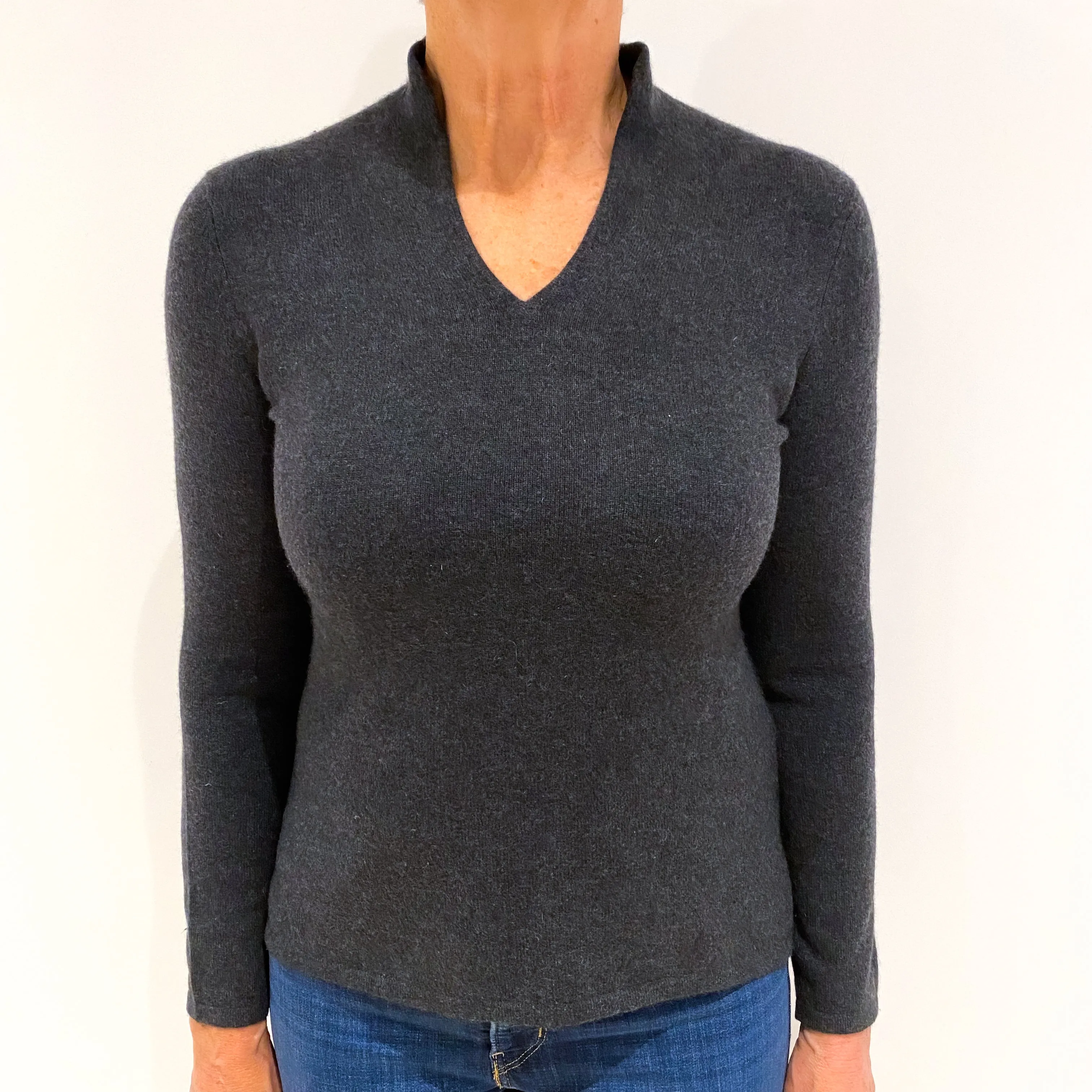 Charcoal Grey Cashmere Collared V-Neck Jumper Medium