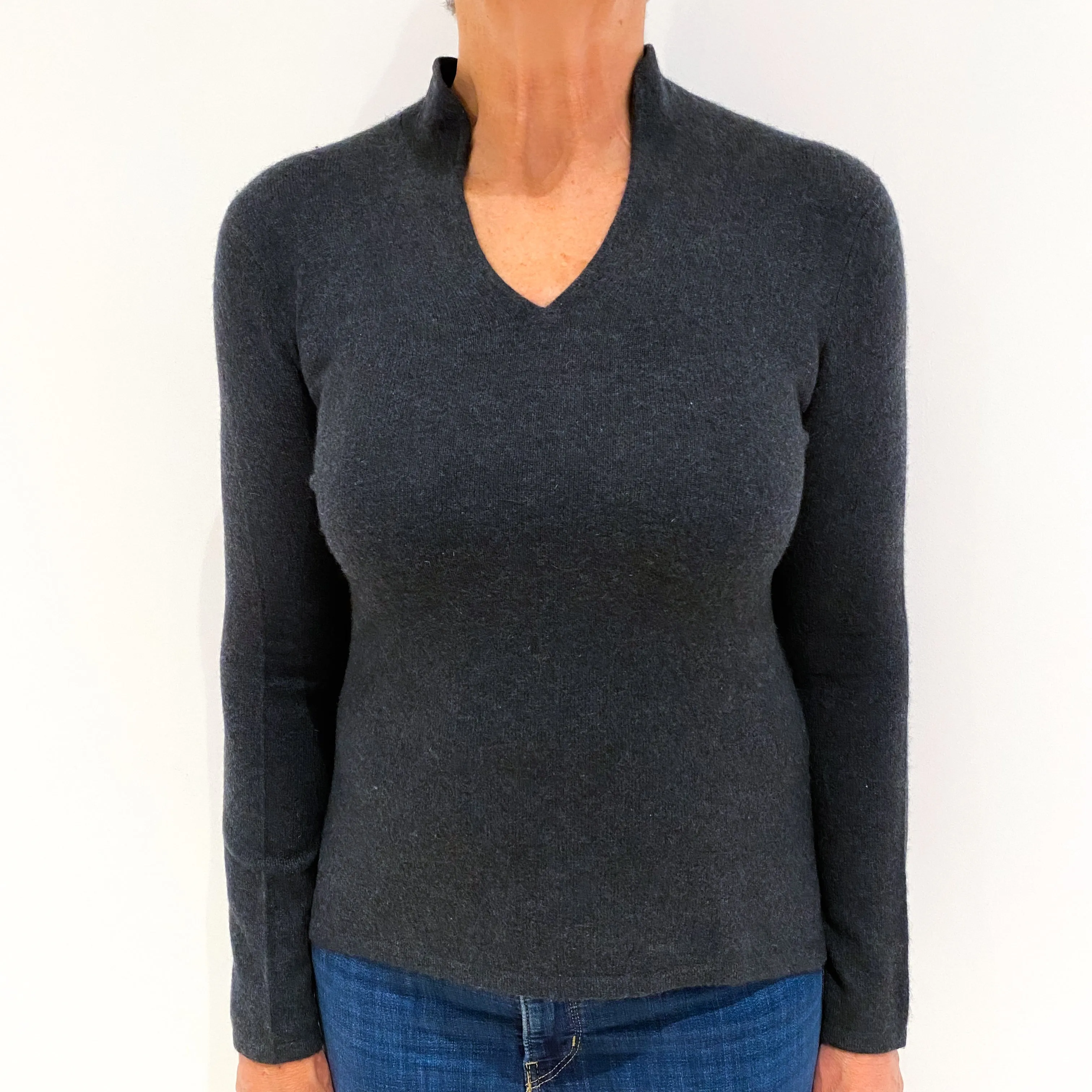 Charcoal Grey Cashmere Collared V-Neck Jumper Medium