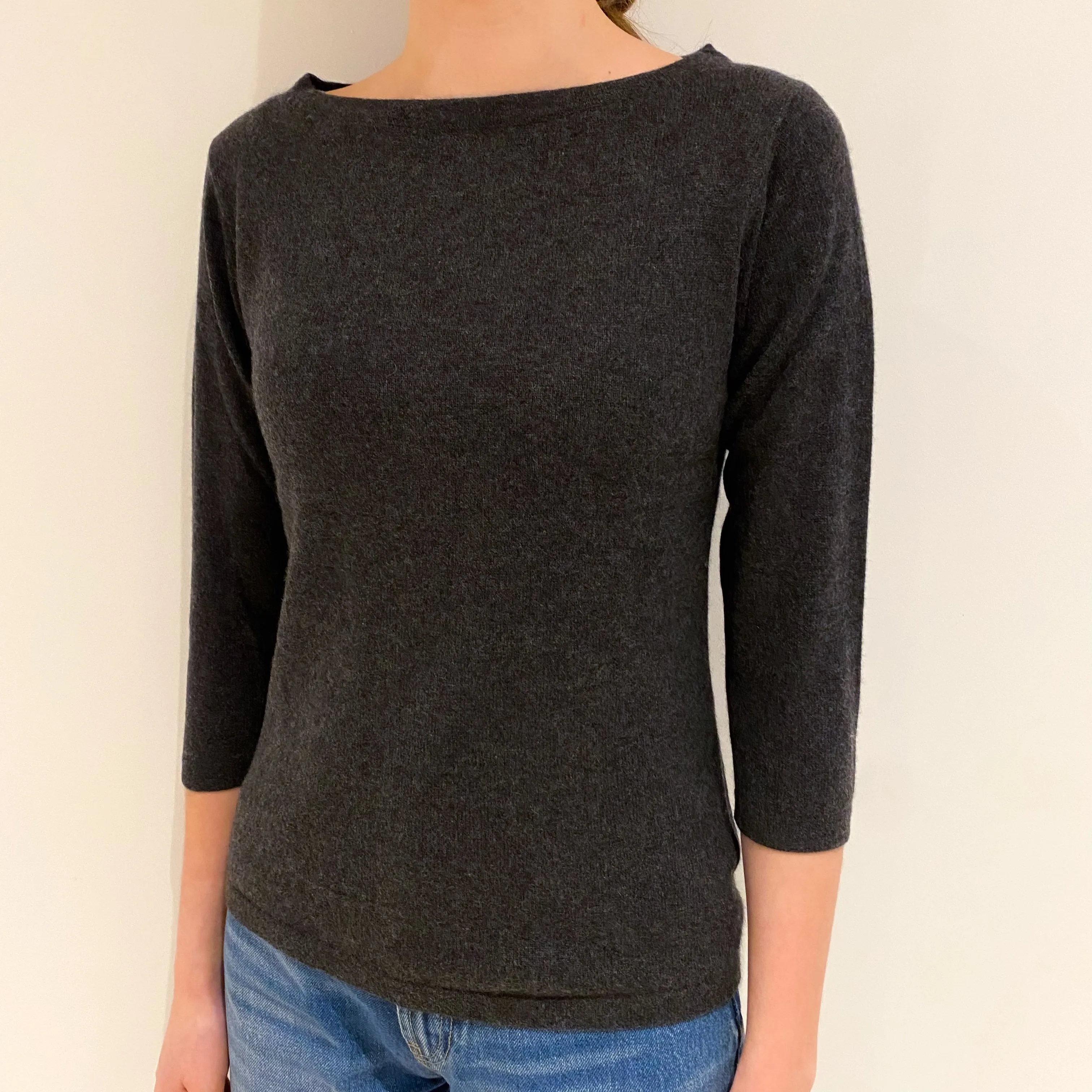 Charcoal Grey Cashmere Slash Neck Jumper Extra Small