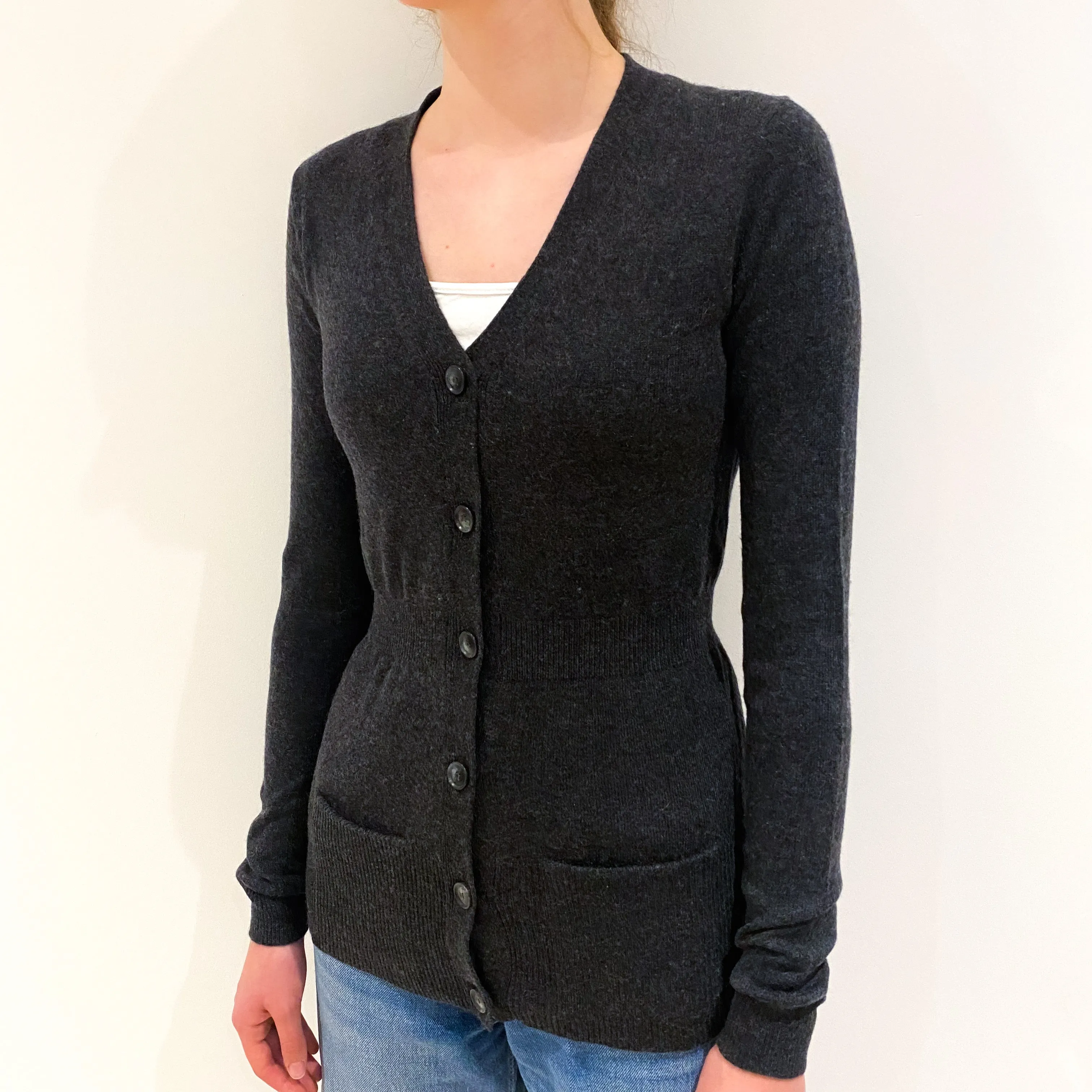 Charcoal Grey Cashmere V-Neck Cardigan Extra Small