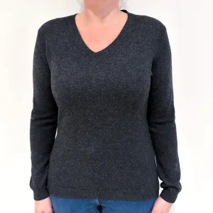 Charcoal Grey Cashmere V Neck Jumper Large