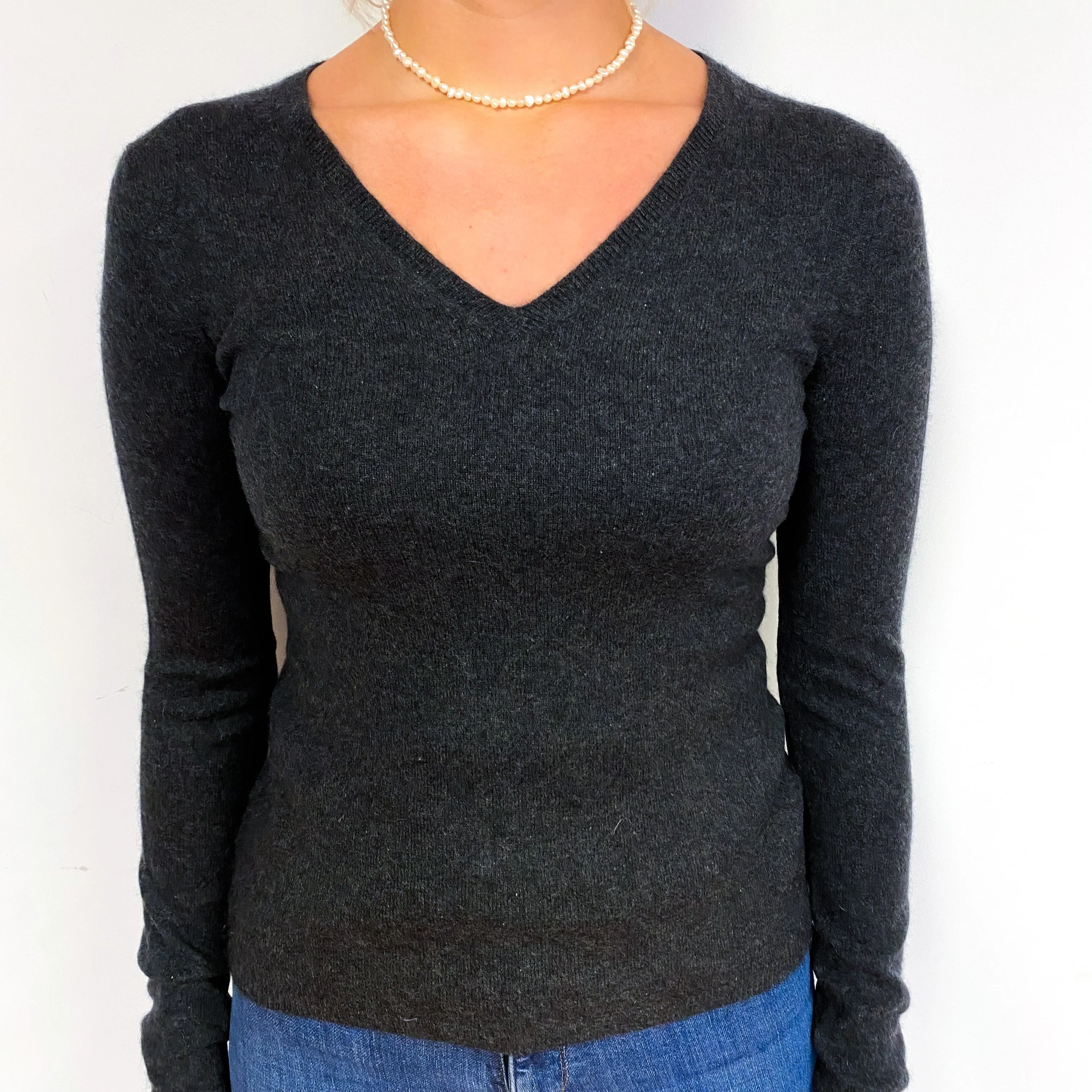 Charcoal Grey Cashmere V-Neck Jumper Small