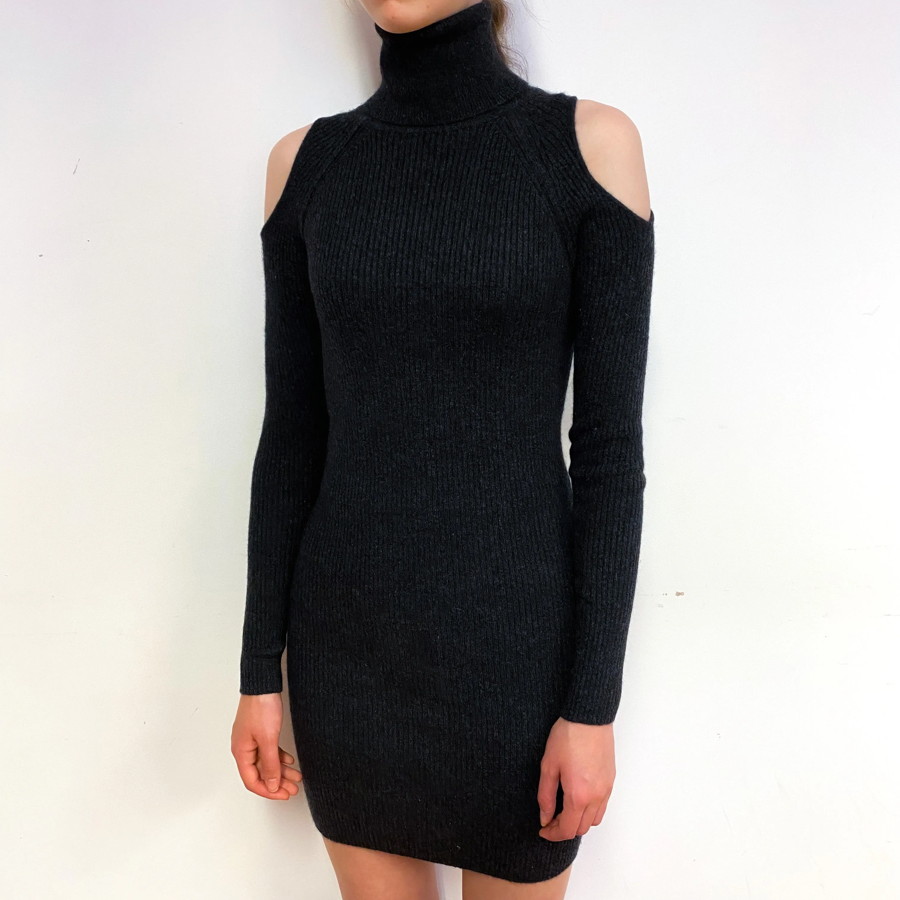 Charcoal Grey Cold Shoulder Cashmere Polo Neck Dress Extra Small