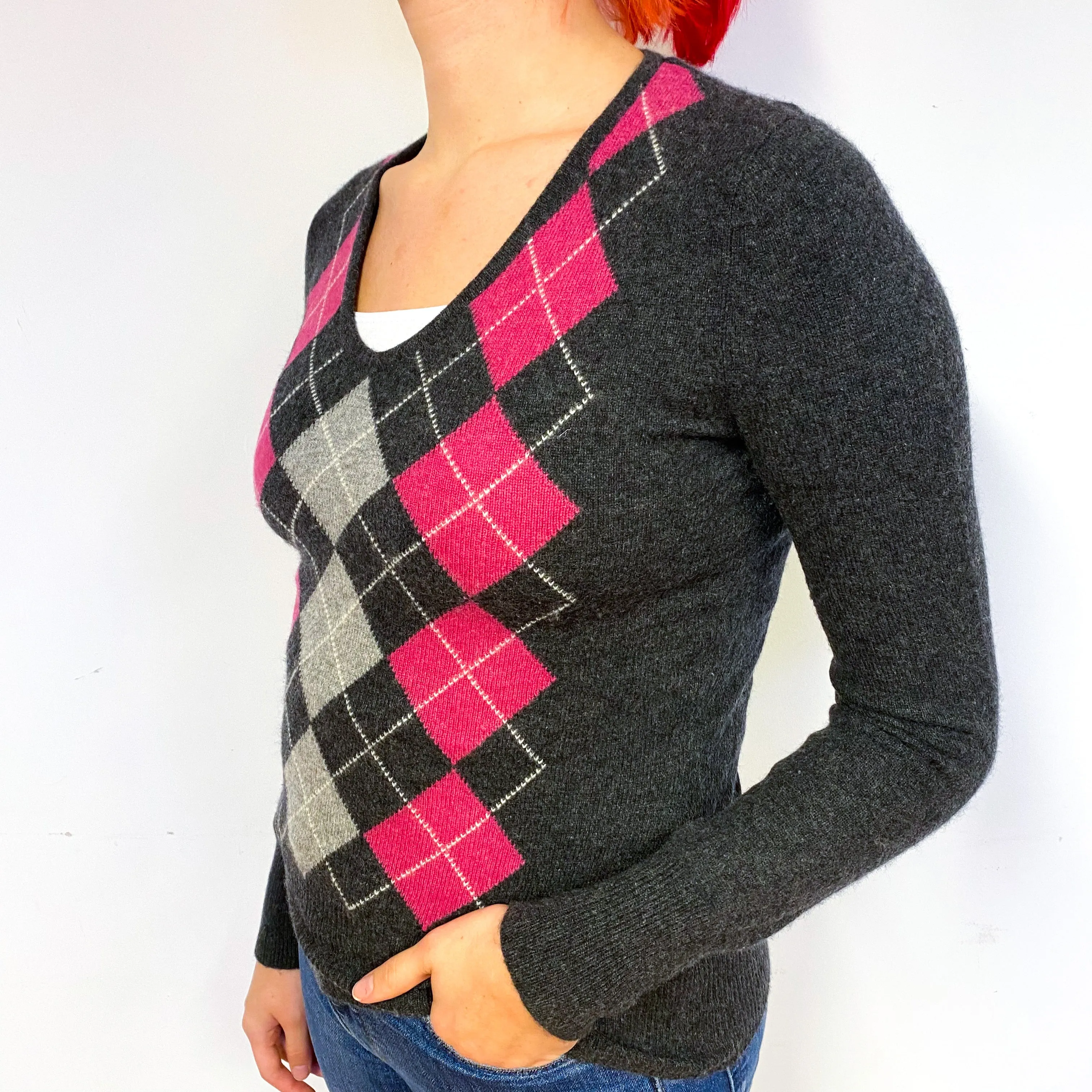 Charcoal Grey Pink Argyle Cashmere V-Neck Jumper Small