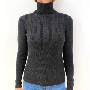 Charcoal Grey Rib Cashmere Polo Neck Jumper Small