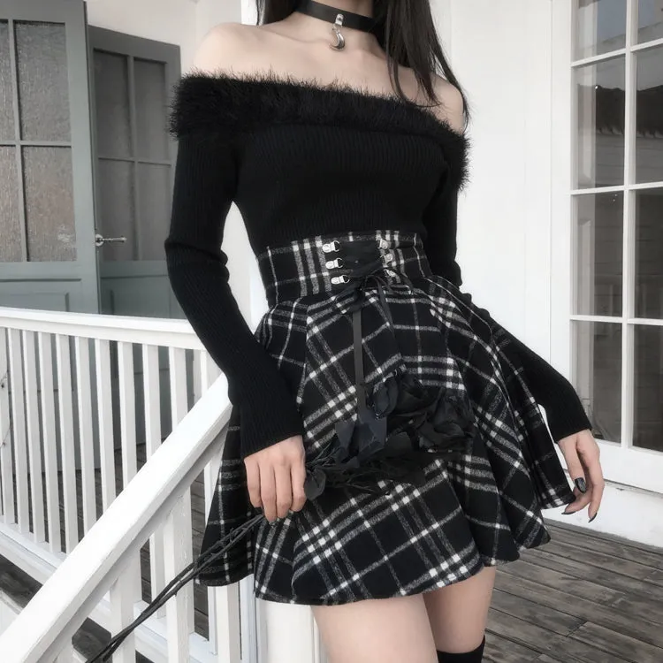 Chic High Waist Plaid Lace Up Skirt