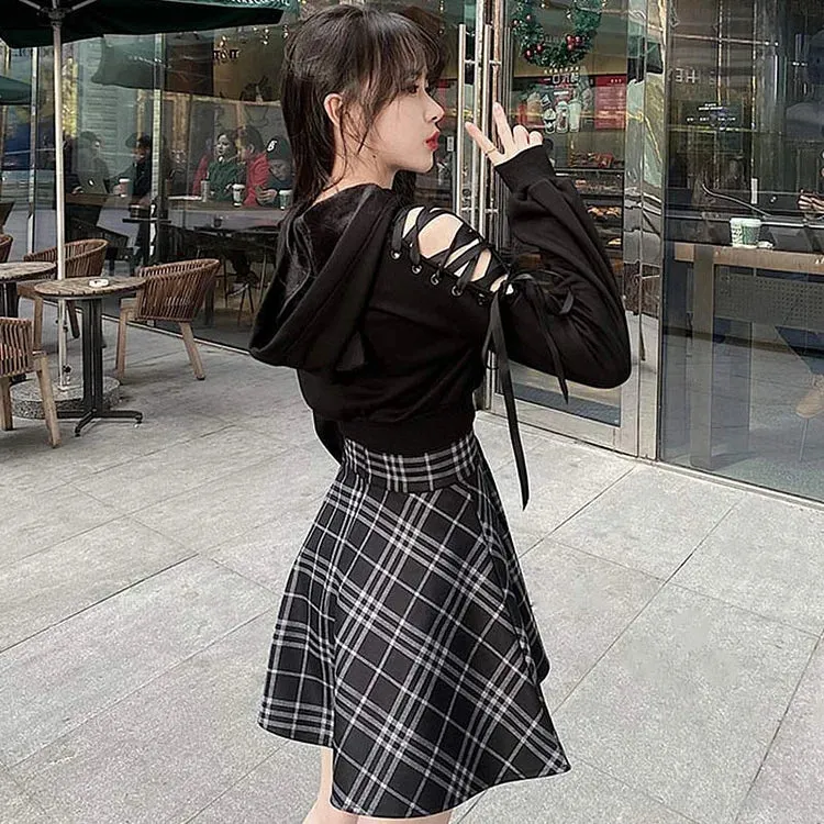 Chic High Waist Plaid Lace Up Skirt