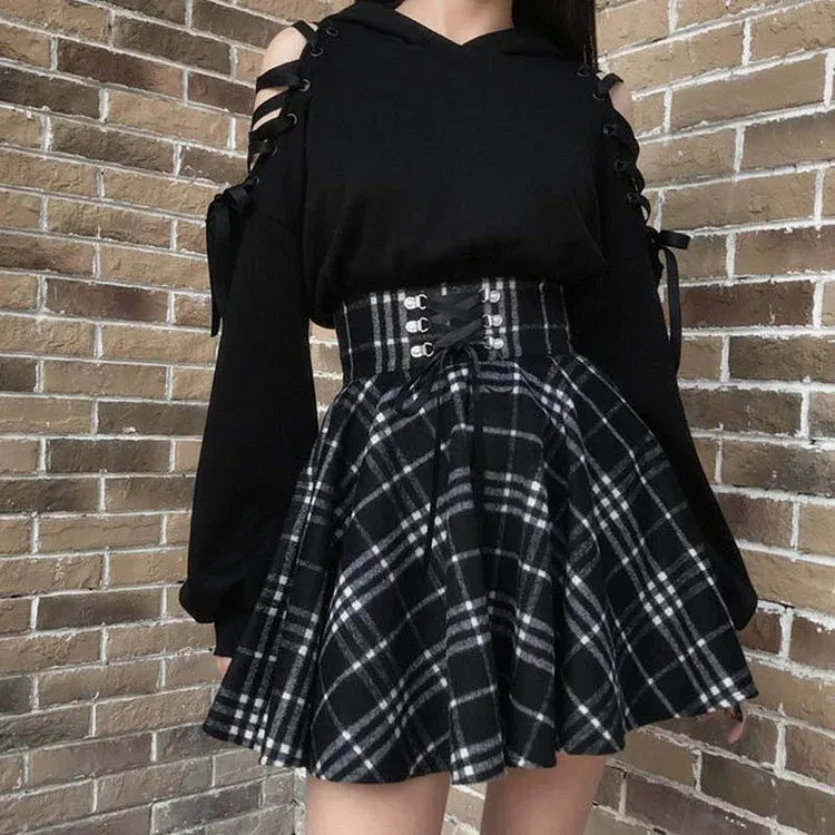 Chic High Waist Plaid Lace Up Skirt