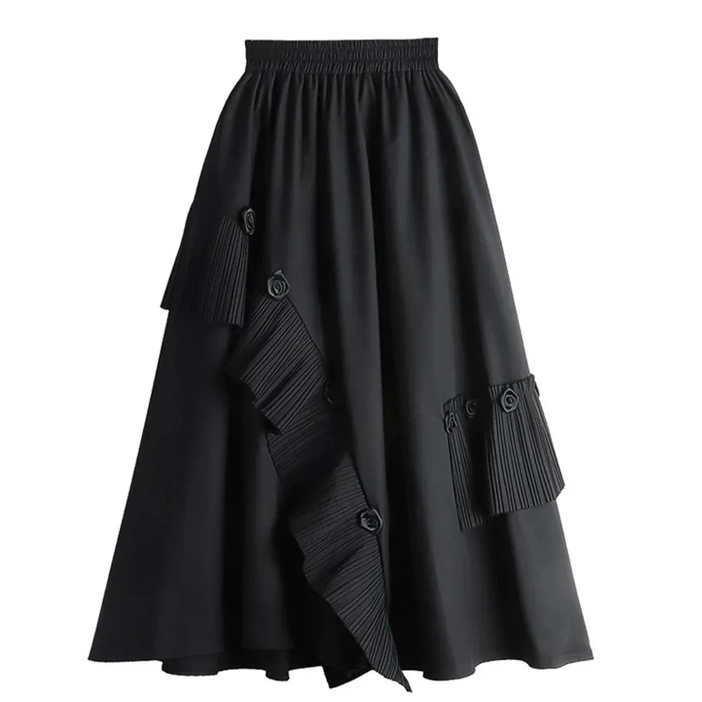 Chic Spliced Ruffles Skirts For Women High Waist Mid Calf Patchwork Folds Temperament Skirt Female Fashion Clothing