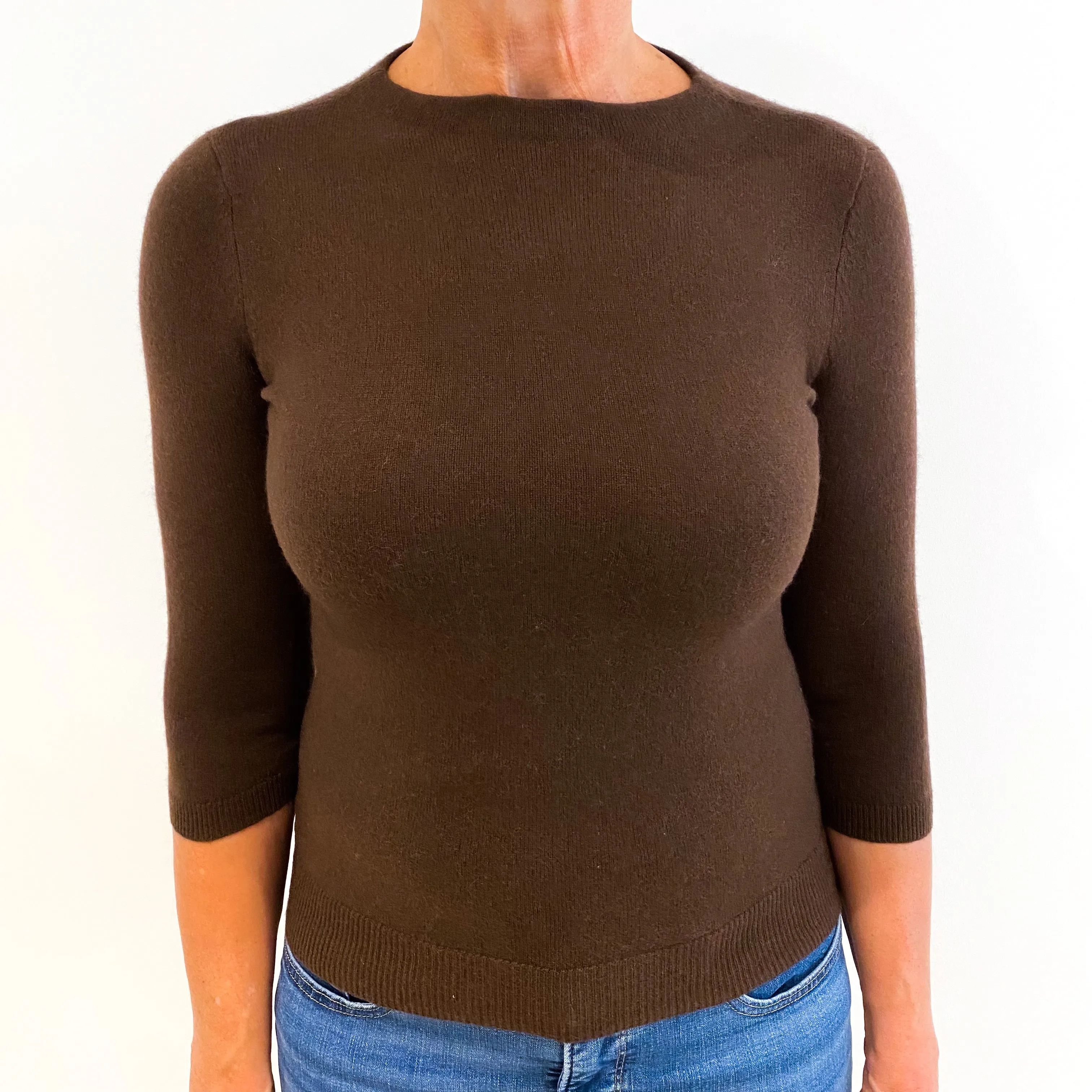 Chocolate Brown 3/4 Sleeve Cashmere Crew Neck Jumper Medium