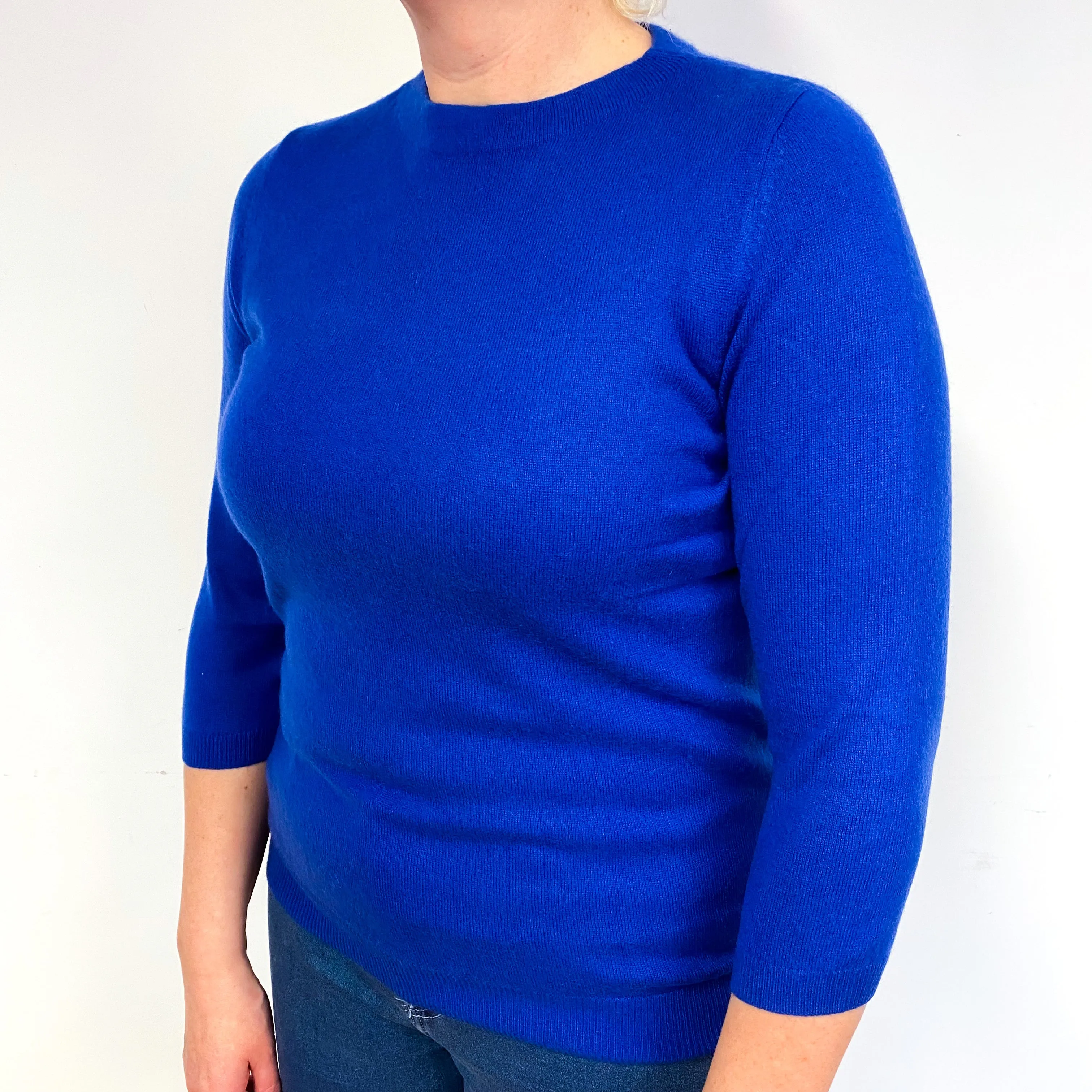 Cobalt Blue 3/4 Sleeve Cashmere Crew Neck Jumper Large