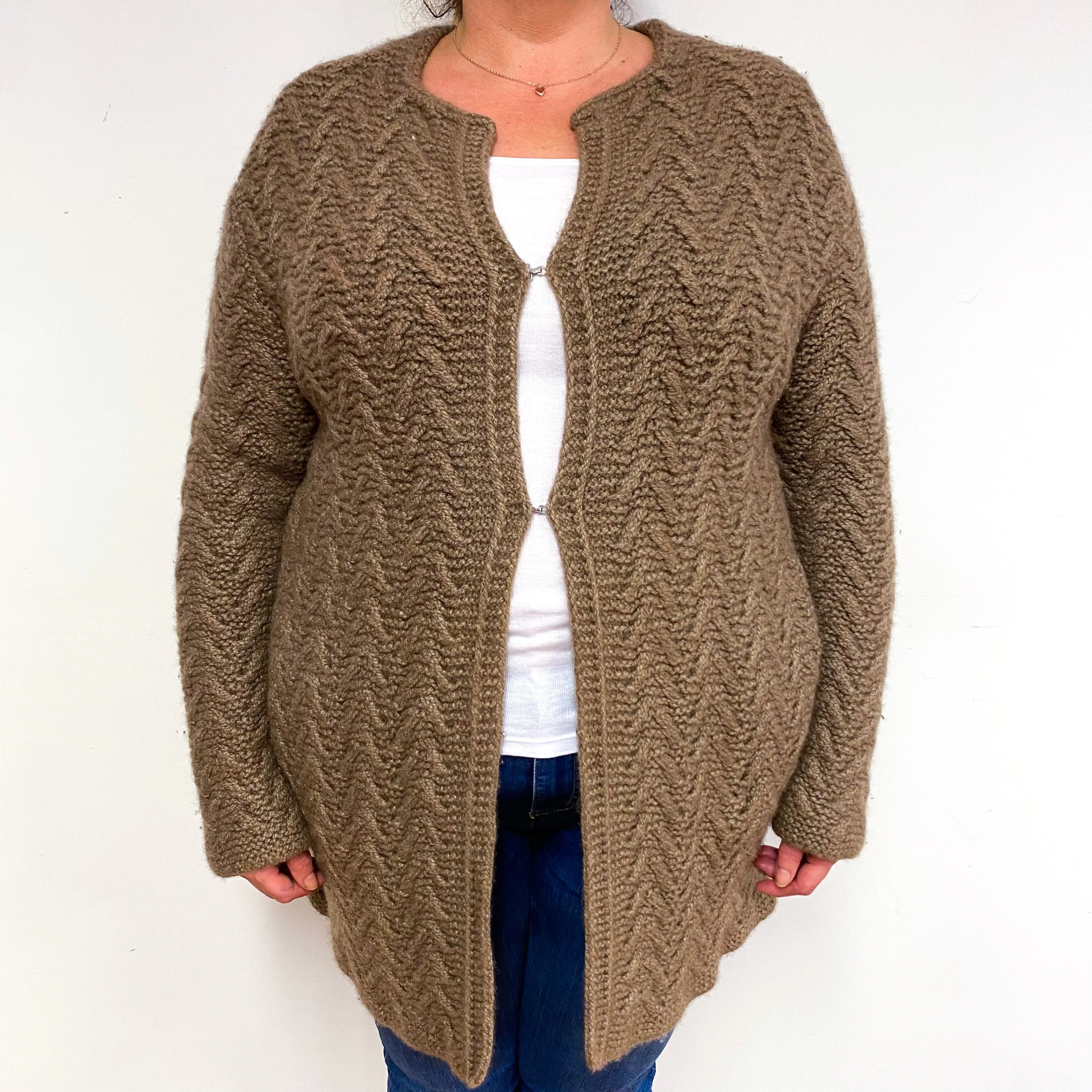 Coffee Brown Super Chunky Cashmere Herringbone Knit Cardigan Extra Large.