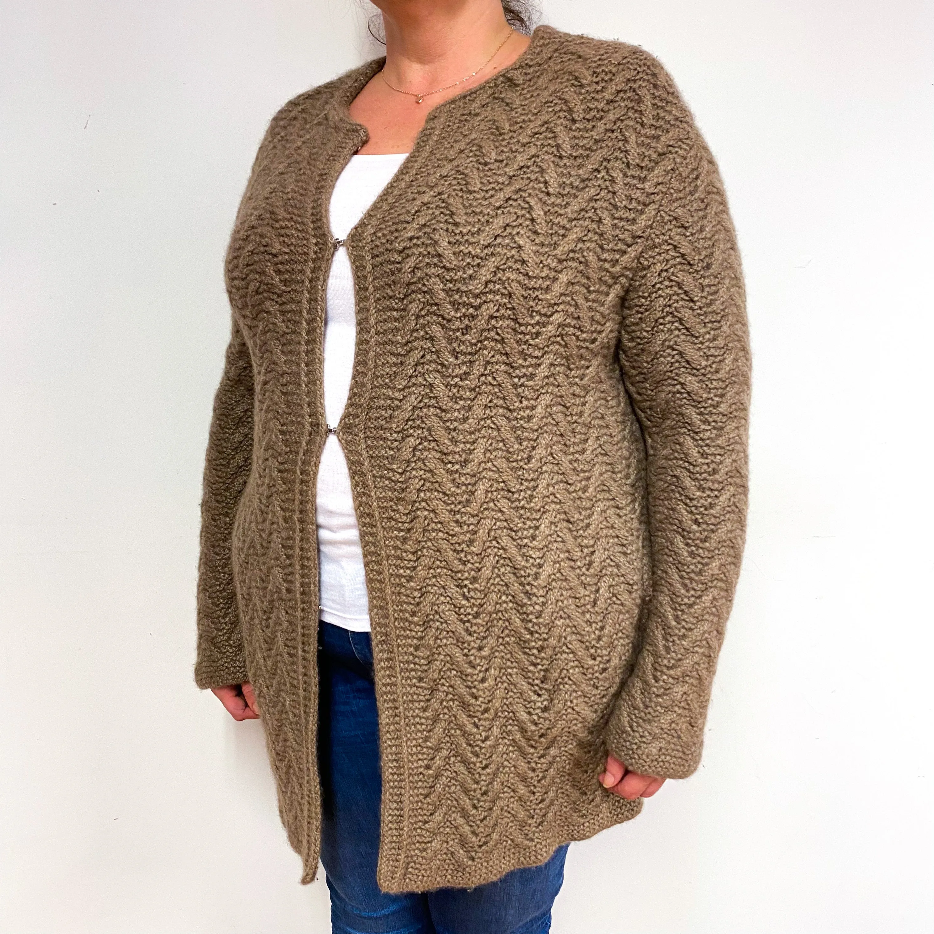 Coffee Brown Super Chunky Cashmere Herringbone Knit Cardigan Extra Large.