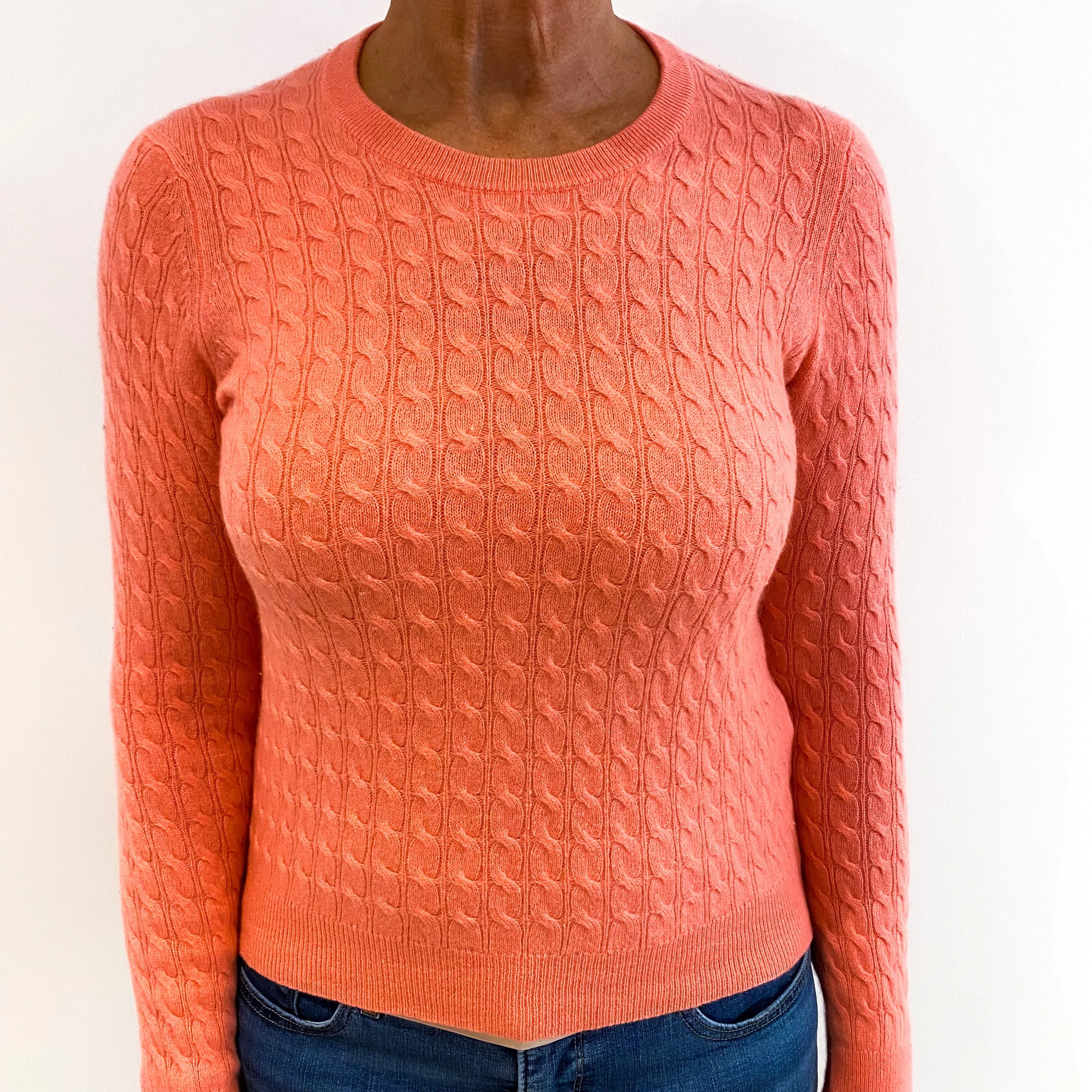 Coral Pink Cable Knit Cashmere Crew Neck Jumper Medium