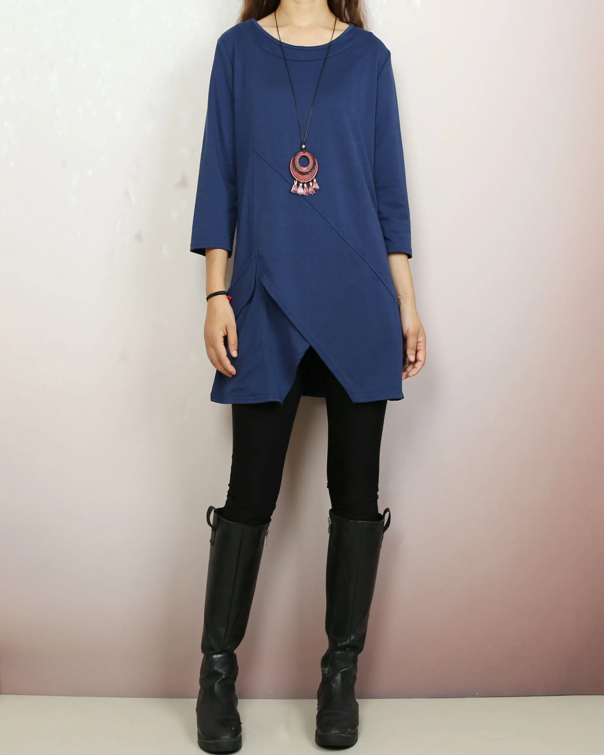 Cotton t-shirt, 3/4 sleeve cotton tunic top, Boho tunic tops, casual loose t-shirt, women's dark blue long tops(Y2008)