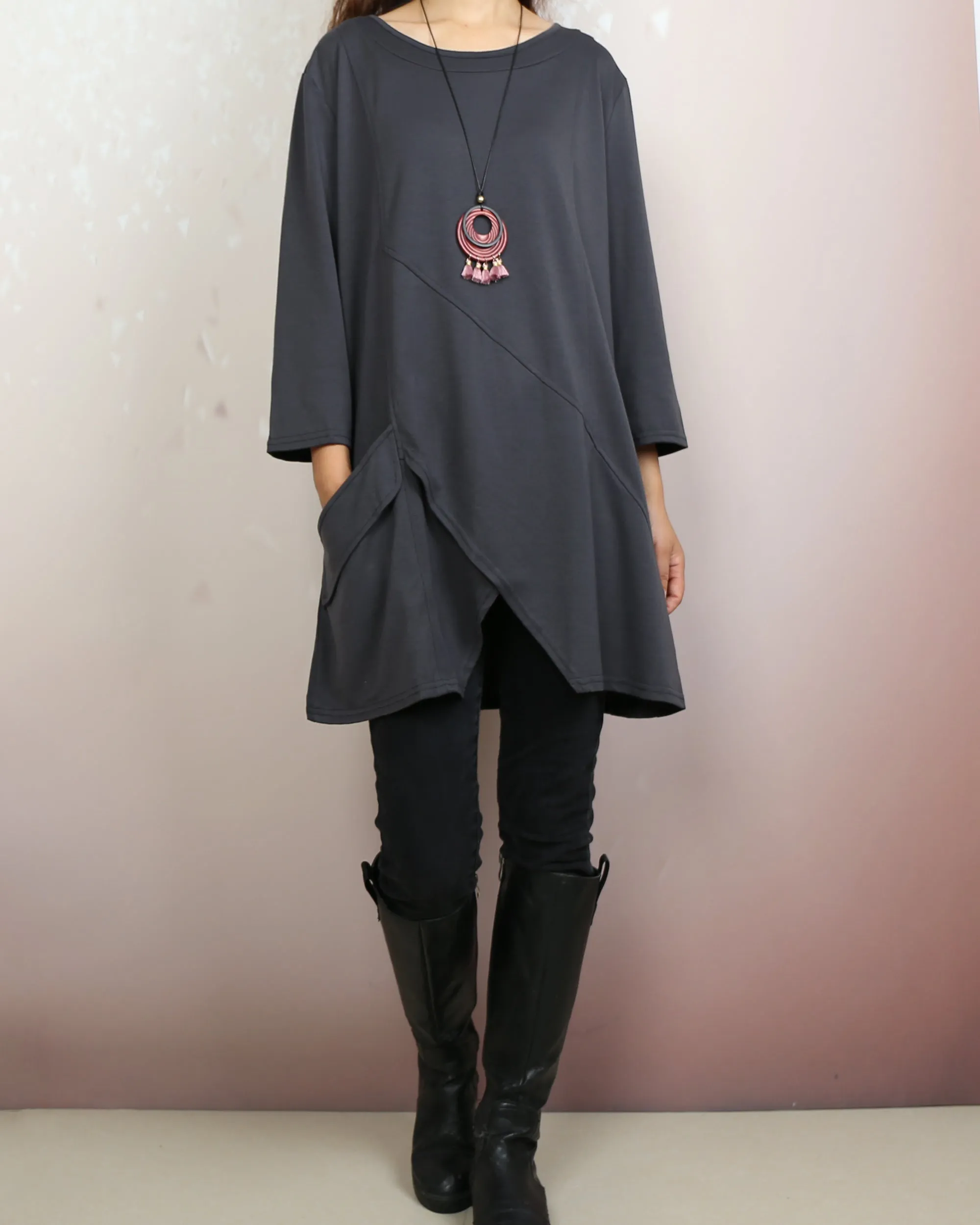 Cotton t-shirt, 3/4 sleeve cotton tunic top, Boho tunic tops, casual loose t-shirt, women's dark blue long tops(Y2008)