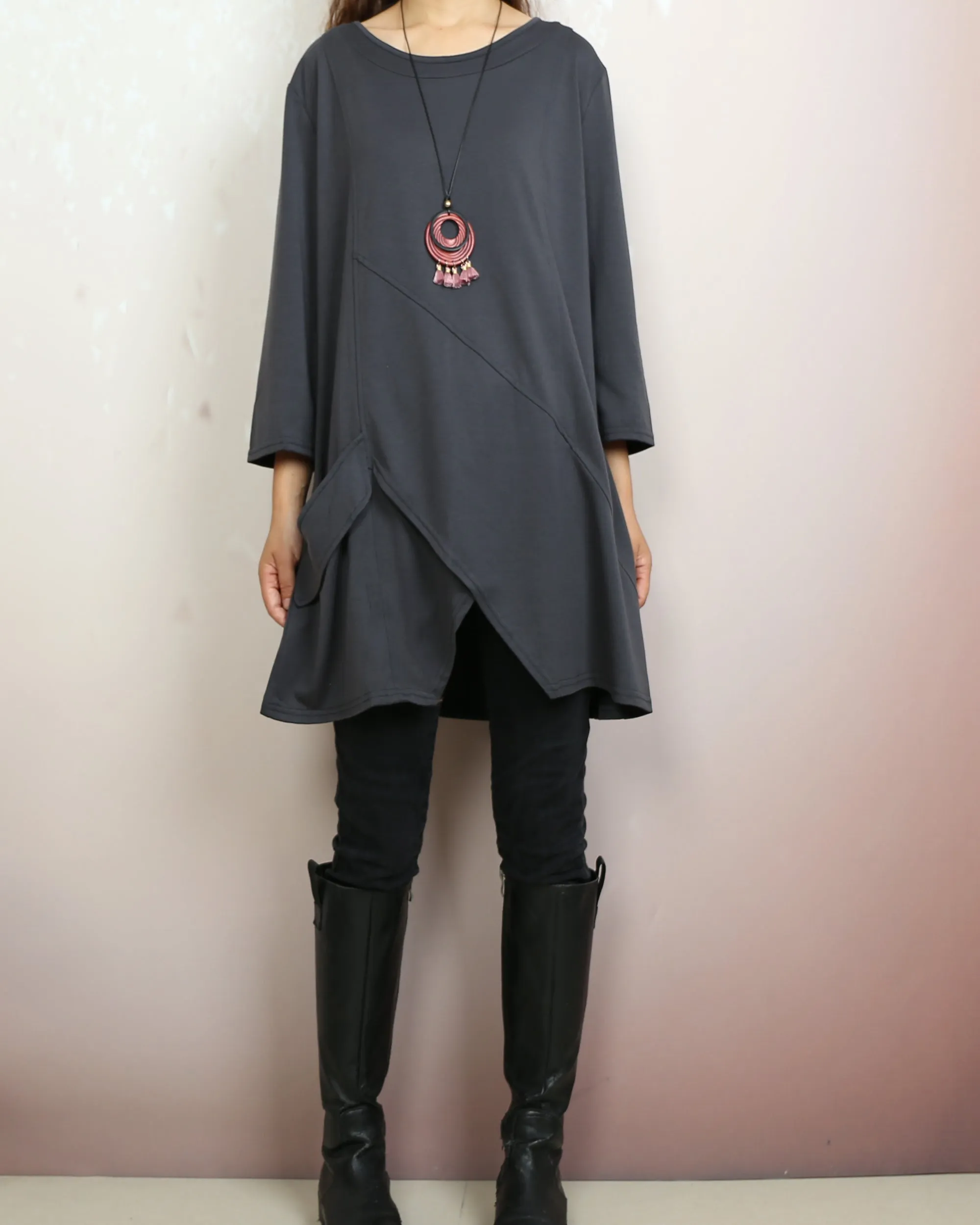 Cotton t-shirt, 3/4 sleeve cotton tunic top, Boho tunic tops, casual loose t-shirt, women's dark blue long tops(Y2008)