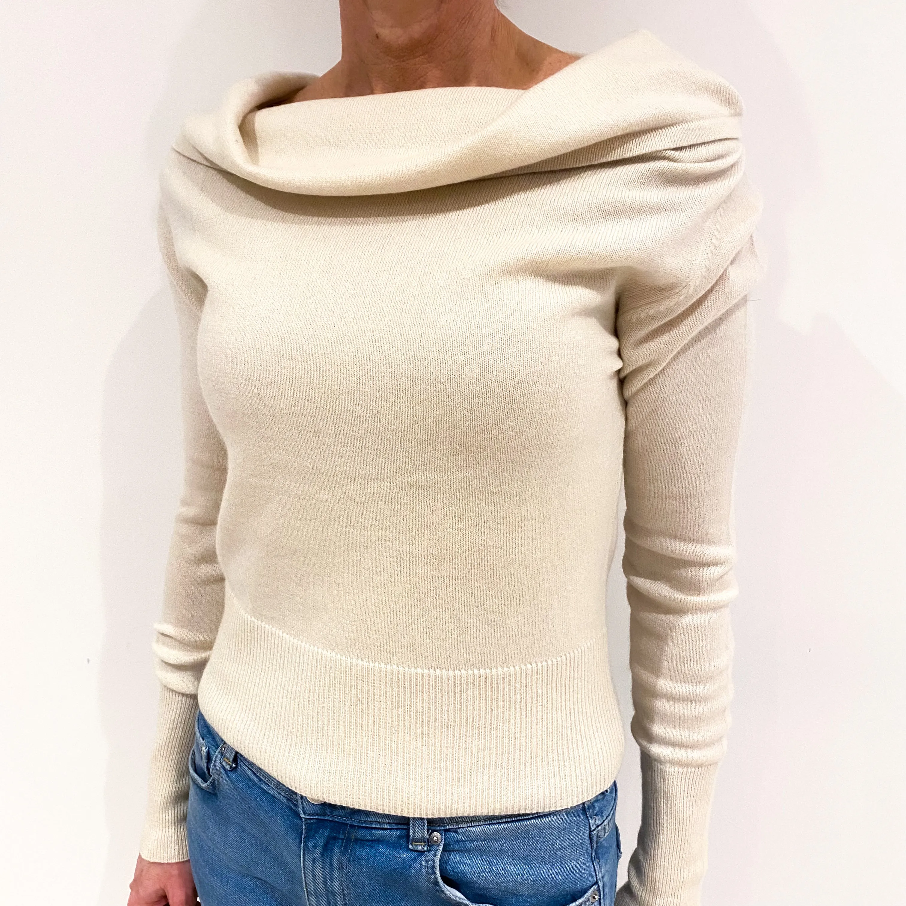 Cream Cashmere Off Shoulder Cowl Neck Jumper Small