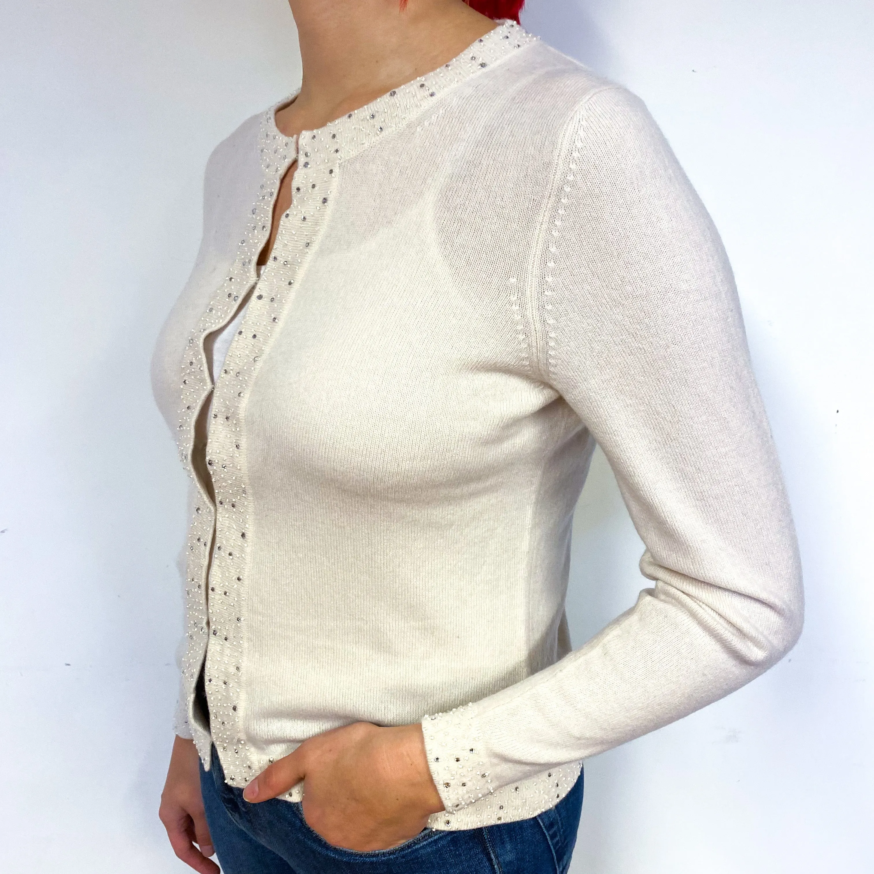 Cream Embellished Cashmere Crew Neck Cardigan Small