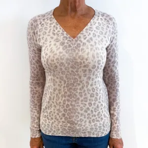 Cream Leopard Print Lightweight Cashmere V-Neck Jumper Medium