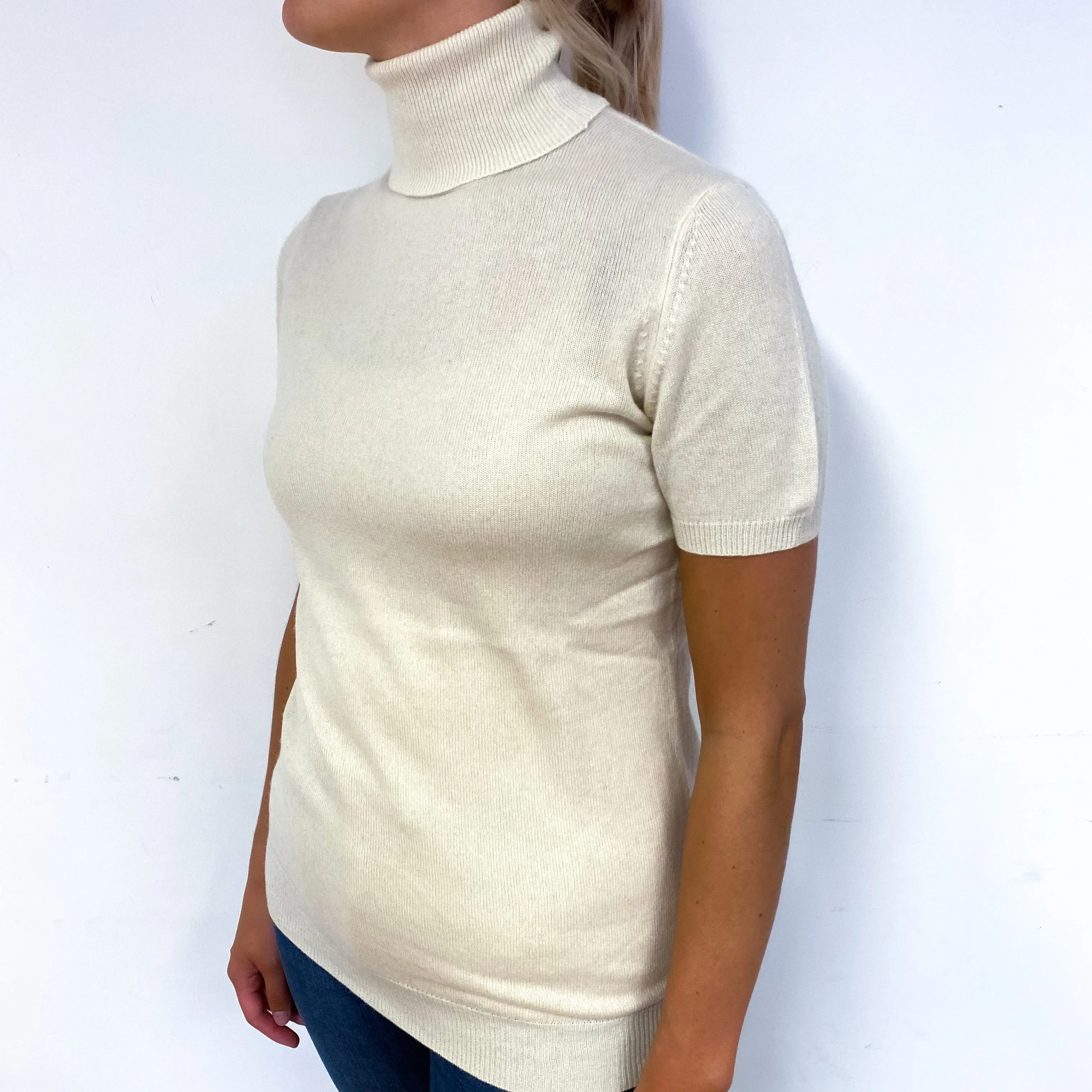 Cream Short Sleeve Cashmere Polo Neck Jumper Small