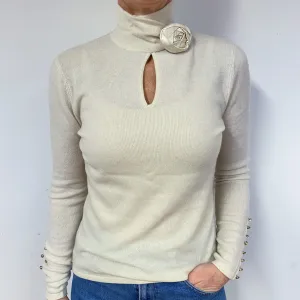 Cream Silk Flower Cashmere Polo Neck Jumper Medium