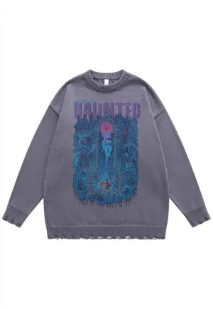 Creepy sweater haunted jumper ripped knitted top in grey