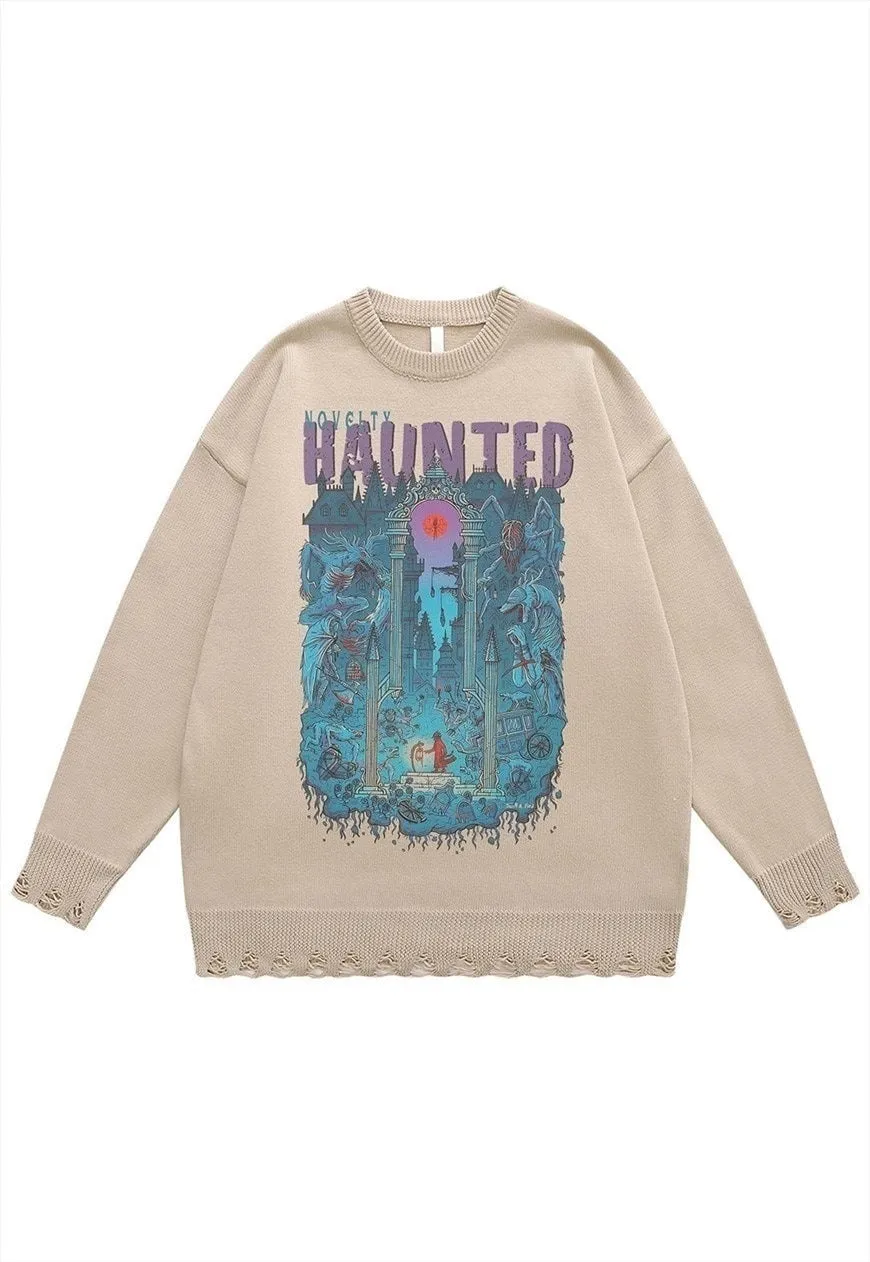 Creepy sweater haunted jumper ripped knitted top in grey