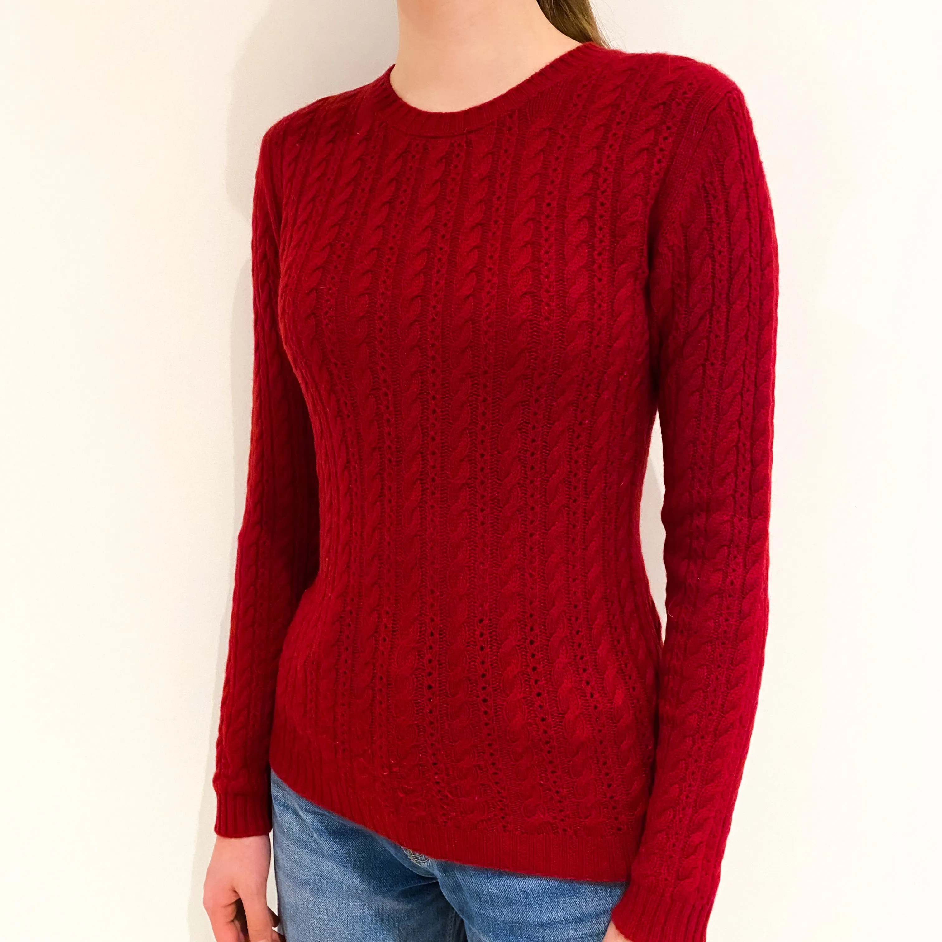 Crimson Red Cable Cashmere Crew Neck Jumper Extra Small