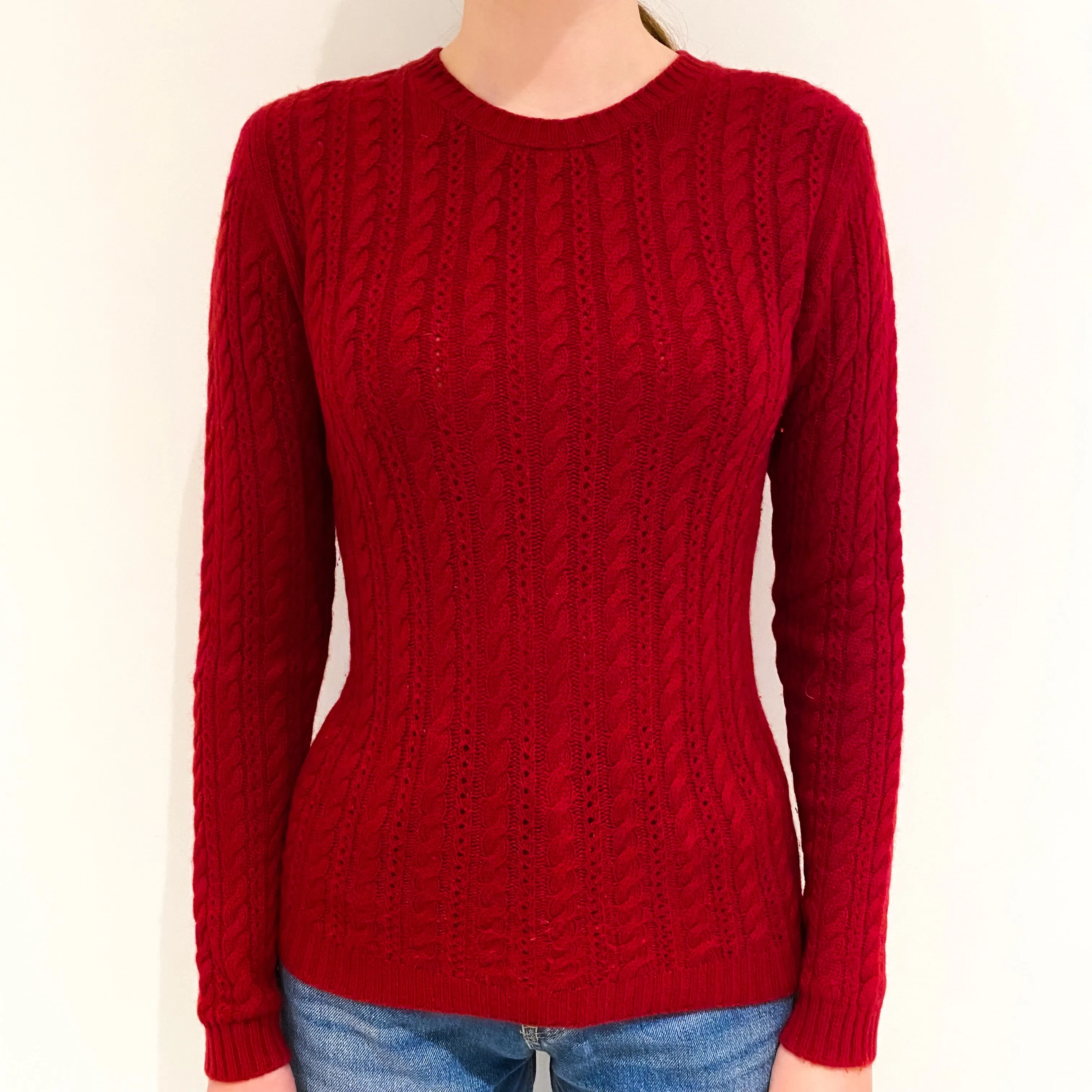 Crimson Red Cable Cashmere Crew Neck Jumper Extra Small