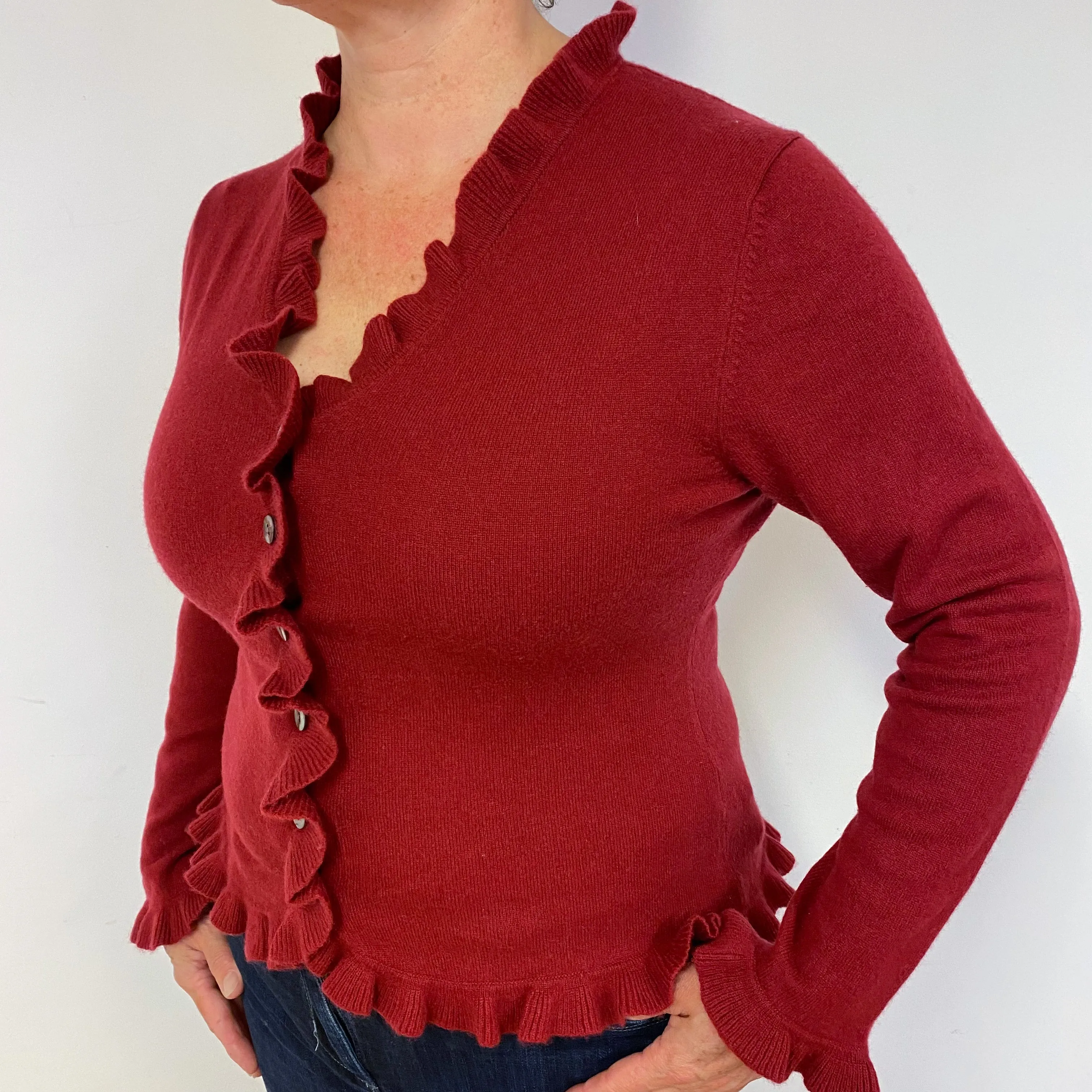 Crimson Red Frilly Cashmere Cardigan Large