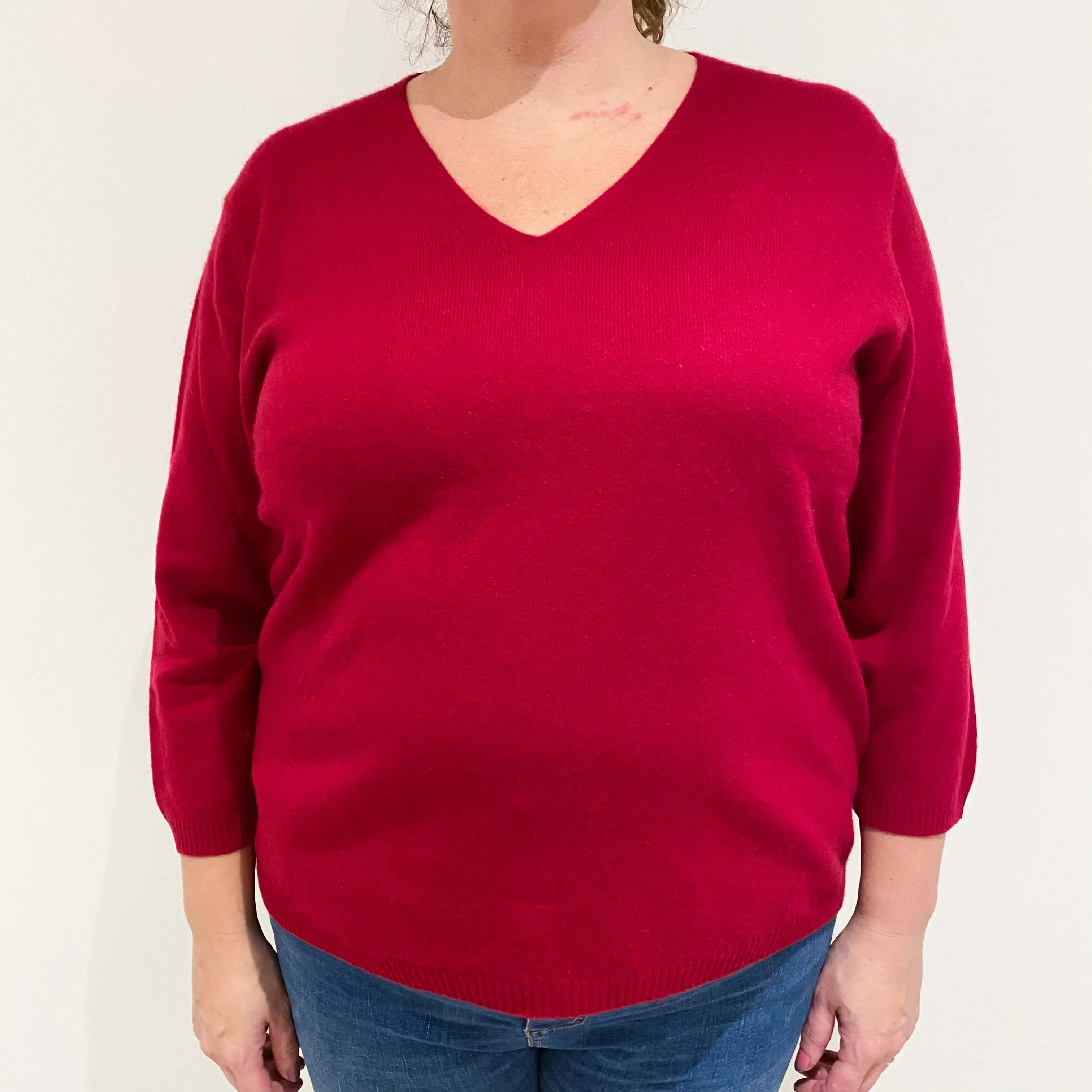 Crimson Slouchy 3/4 Sleeved Cashmere V-Neck Jumper Extra Large