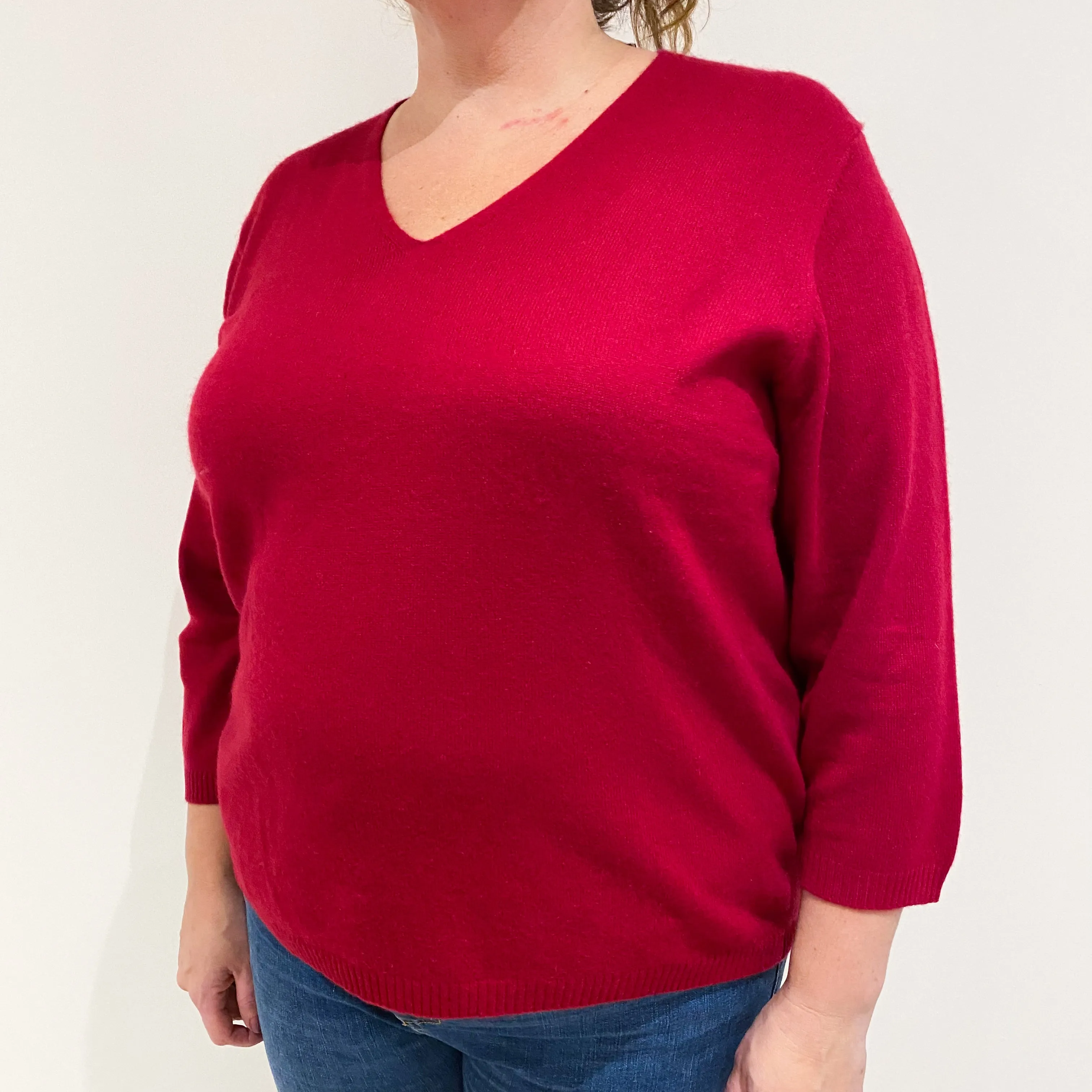 Crimson Slouchy 3/4 Sleeved Cashmere V-Neck Jumper Extra Large