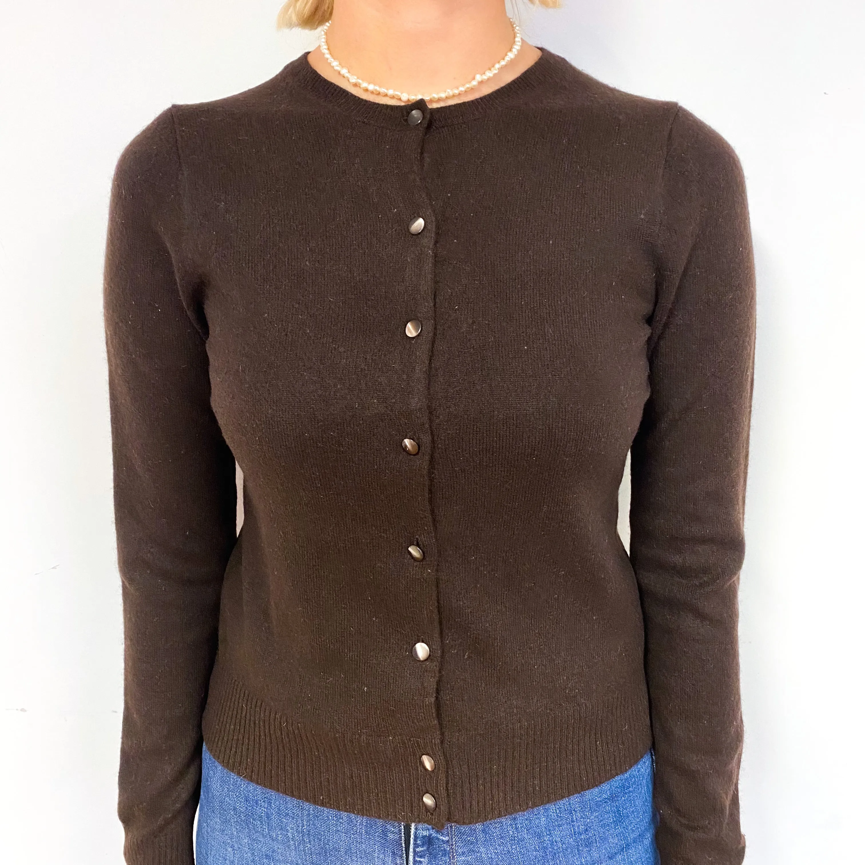 Dark Chocolate Brown Cashmere Crew Neck Cardigan Small