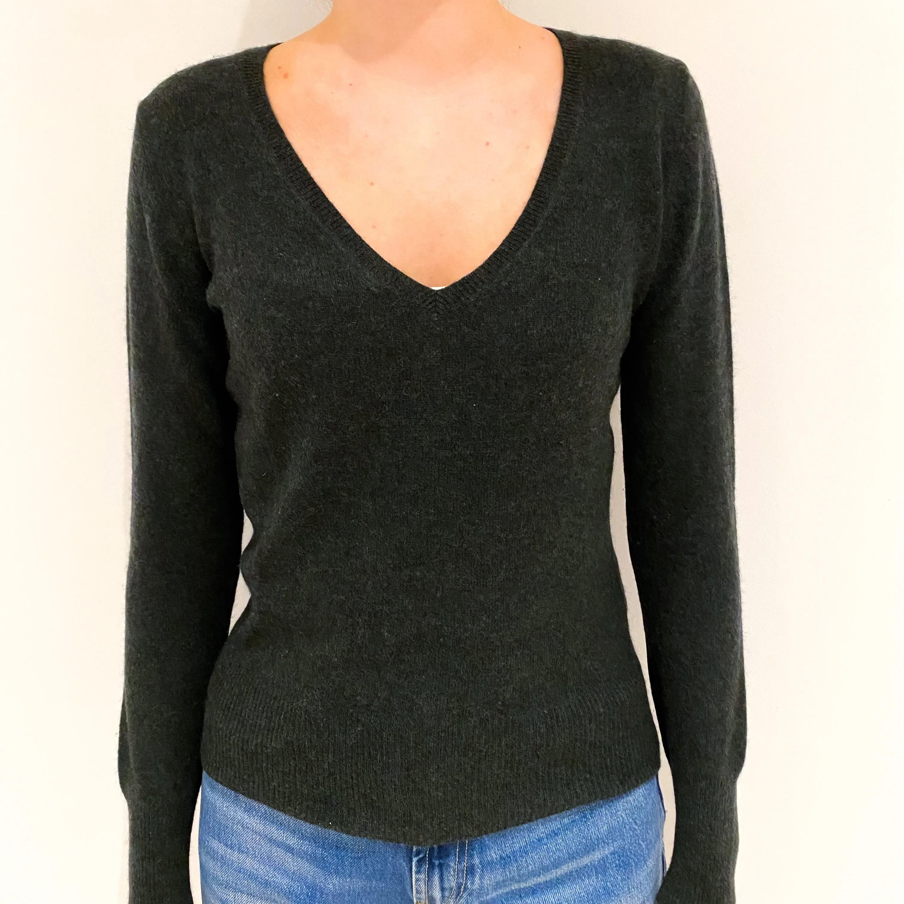 Dark Green Cashmere V-Neck Jumper Extra Small