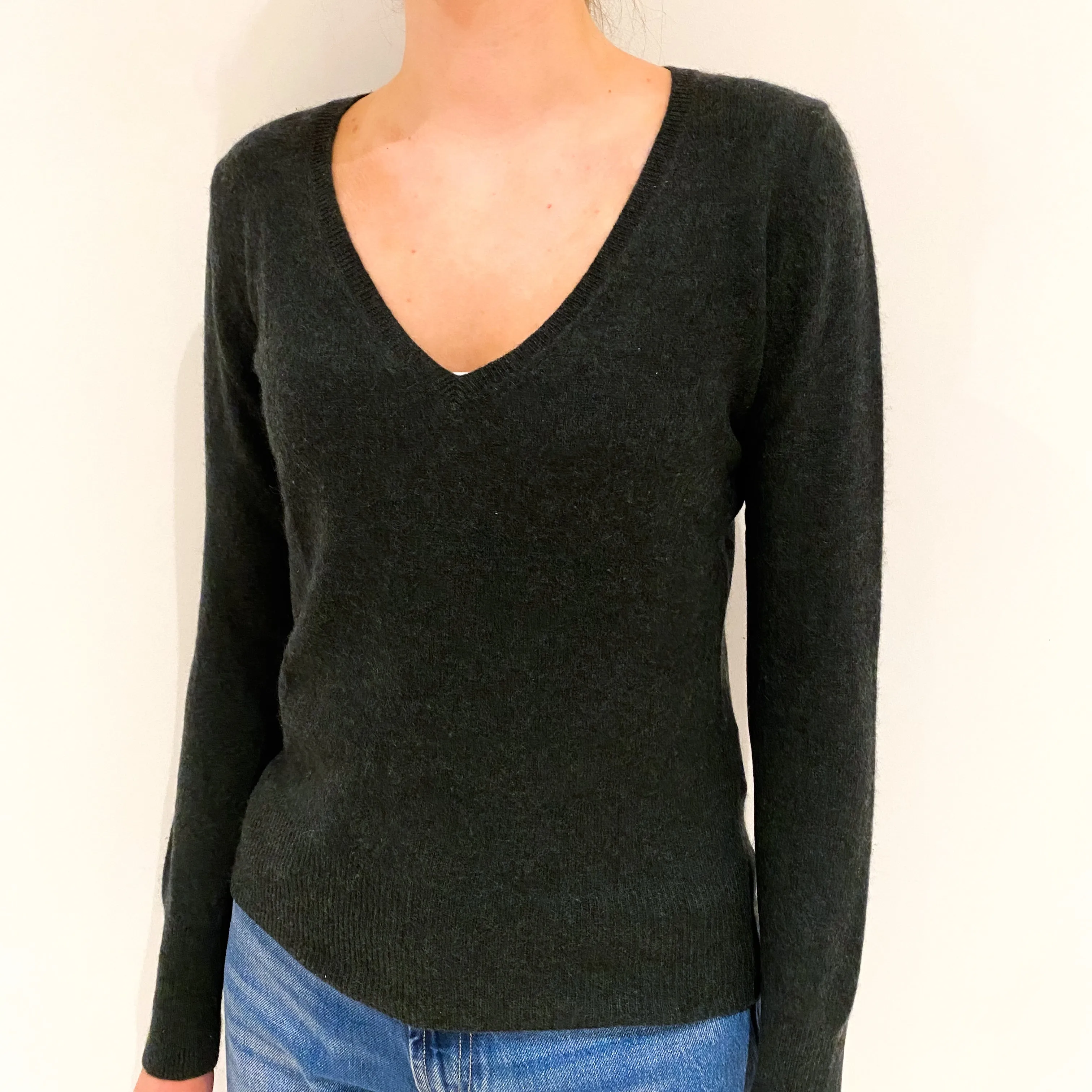 Dark Green Cashmere V-Neck Jumper Extra Small