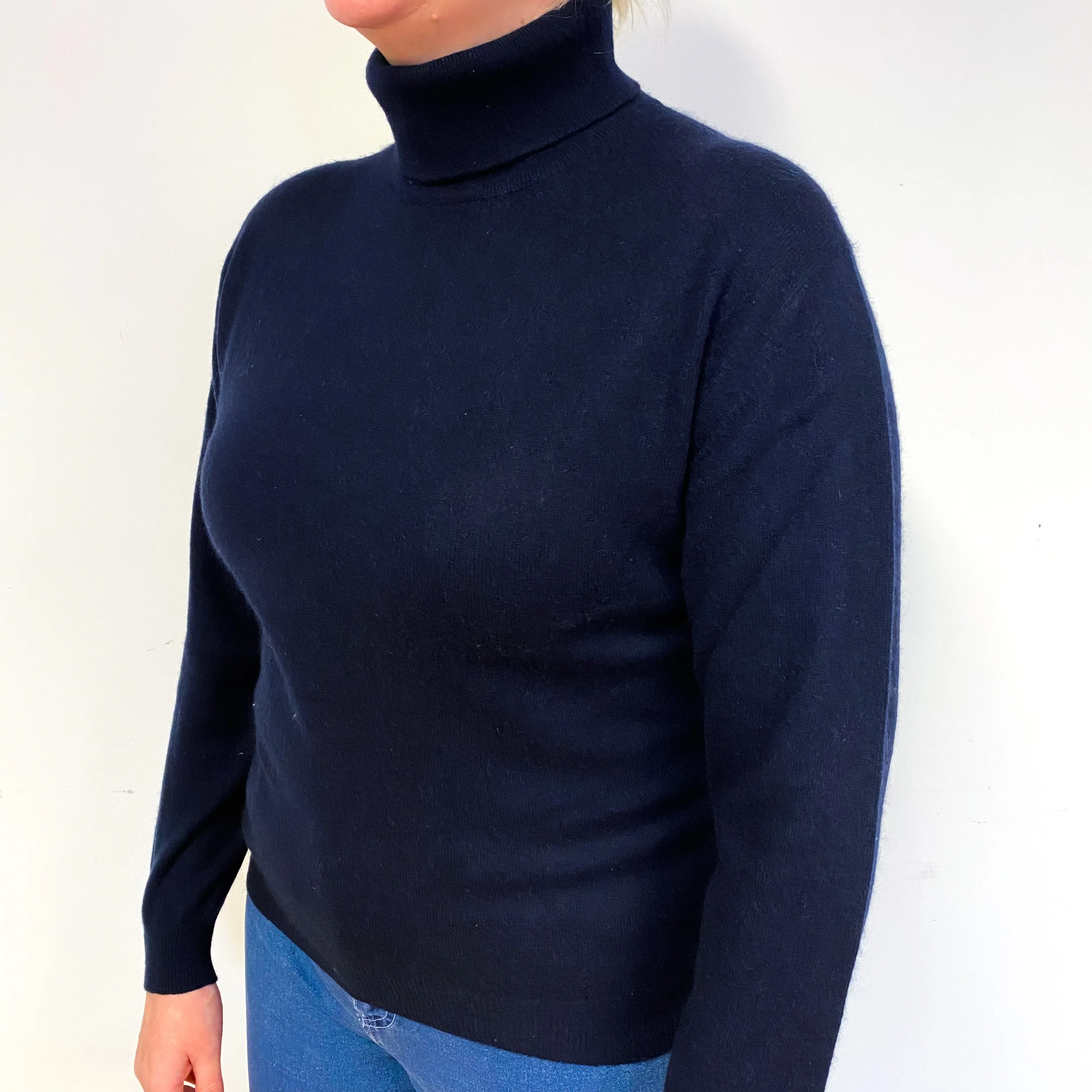 Dark Navy Blue Cashmere Polo Neck Jumper Large