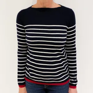 Dark Navy White Stripe Cashmere Crew Neck Jumper Medium