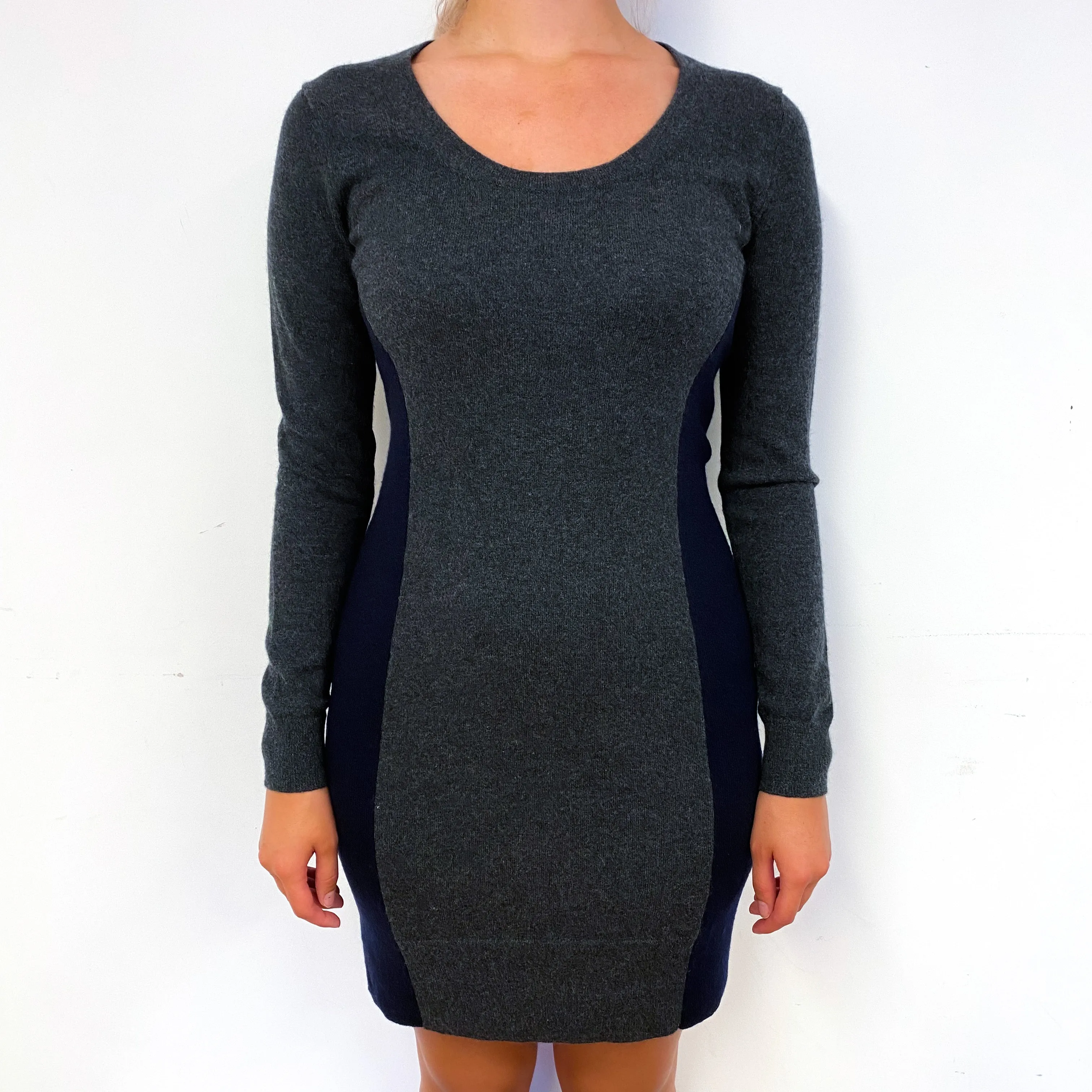 Dark Slate Grey and Navy Cashmere Scoop Neck Dress Small