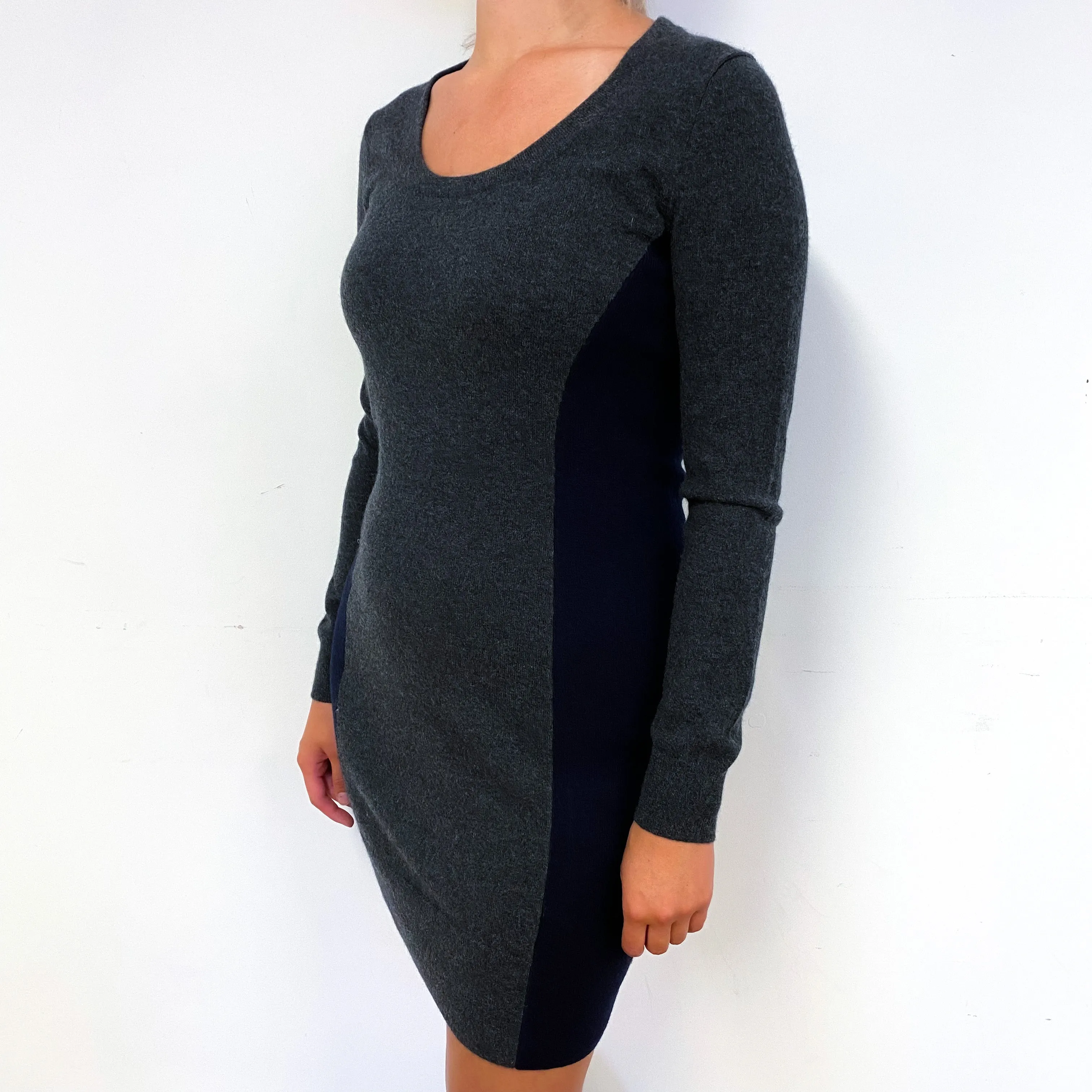 Dark Slate Grey and Navy Cashmere Scoop Neck Dress Small