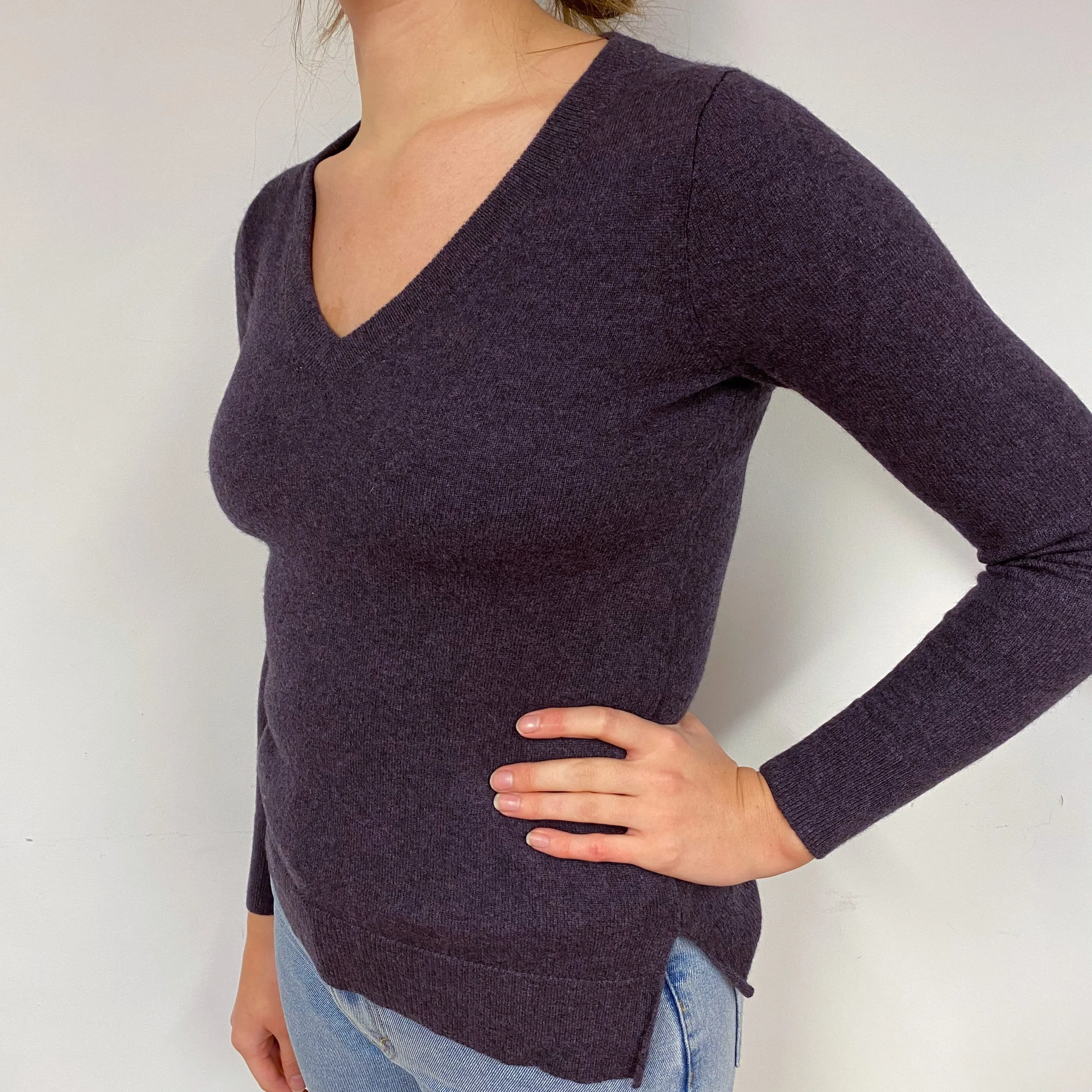 Dark Slate Purple Cashmere V-Neck Jumper Small