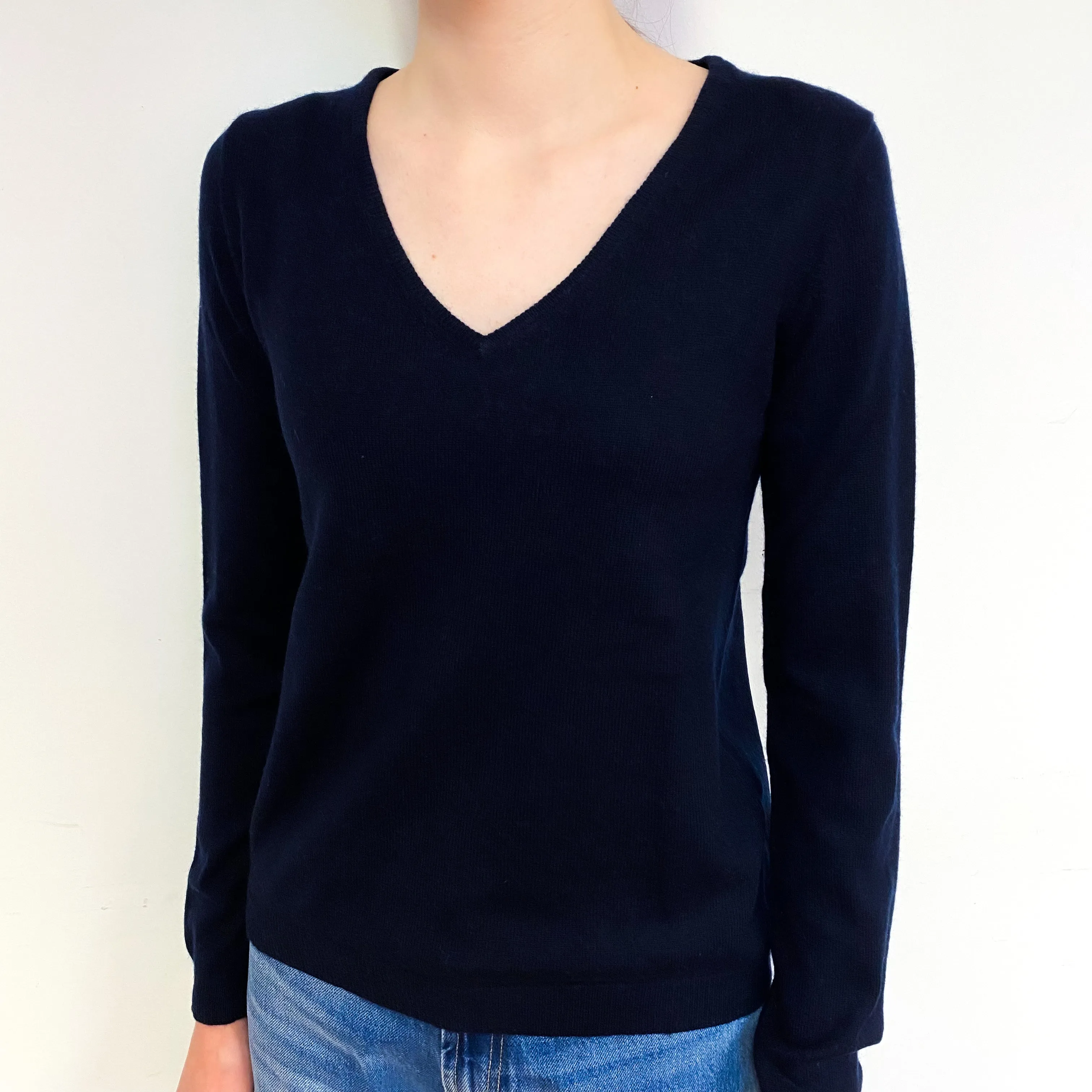 Darkest Navy Blue Cashmere V-Neck Jumper Extra Small