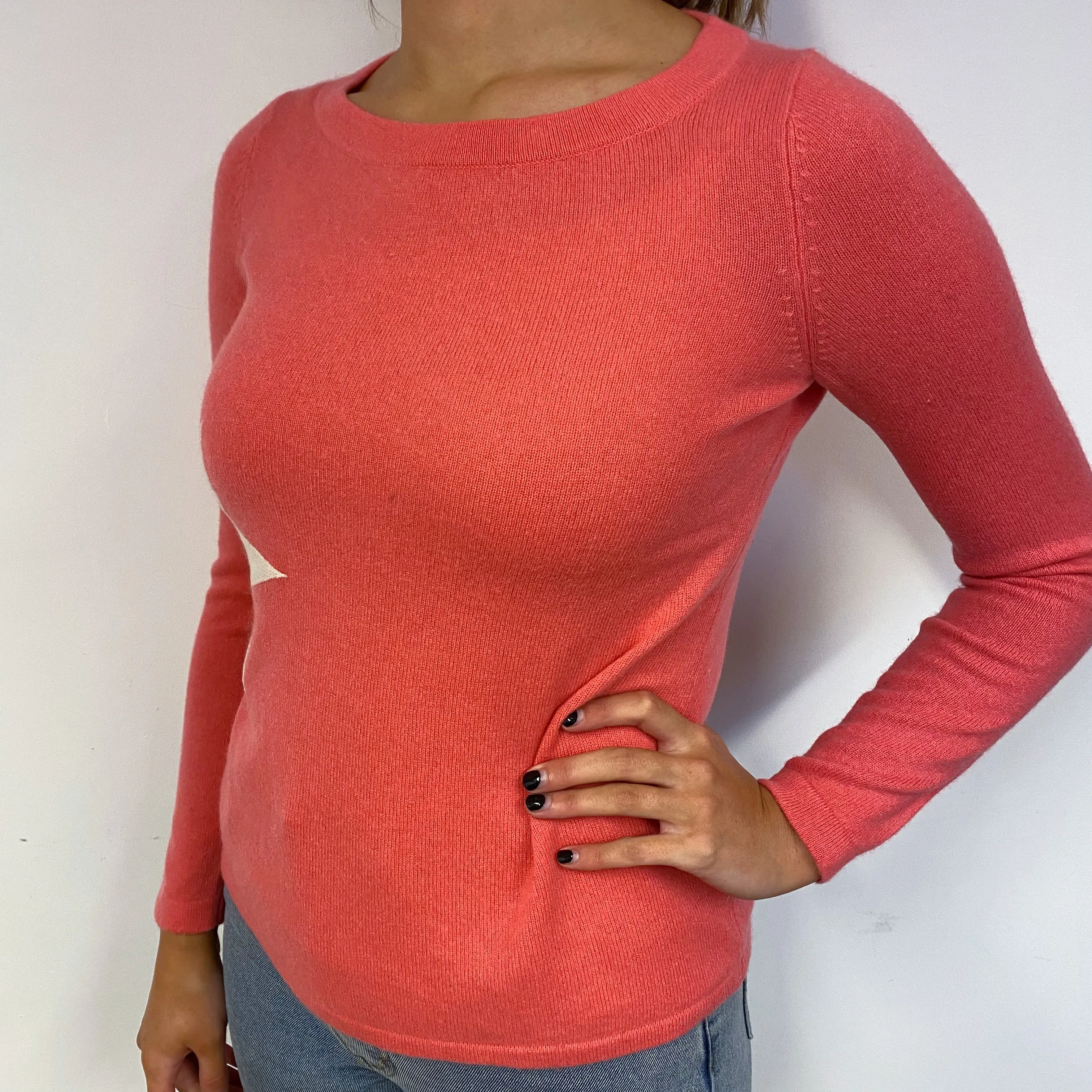 Deep Coral Pink Cashmere Crew Neck Jumper Small