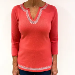 Deep Coral Pink Cashmere V-Neck Jumper Medium