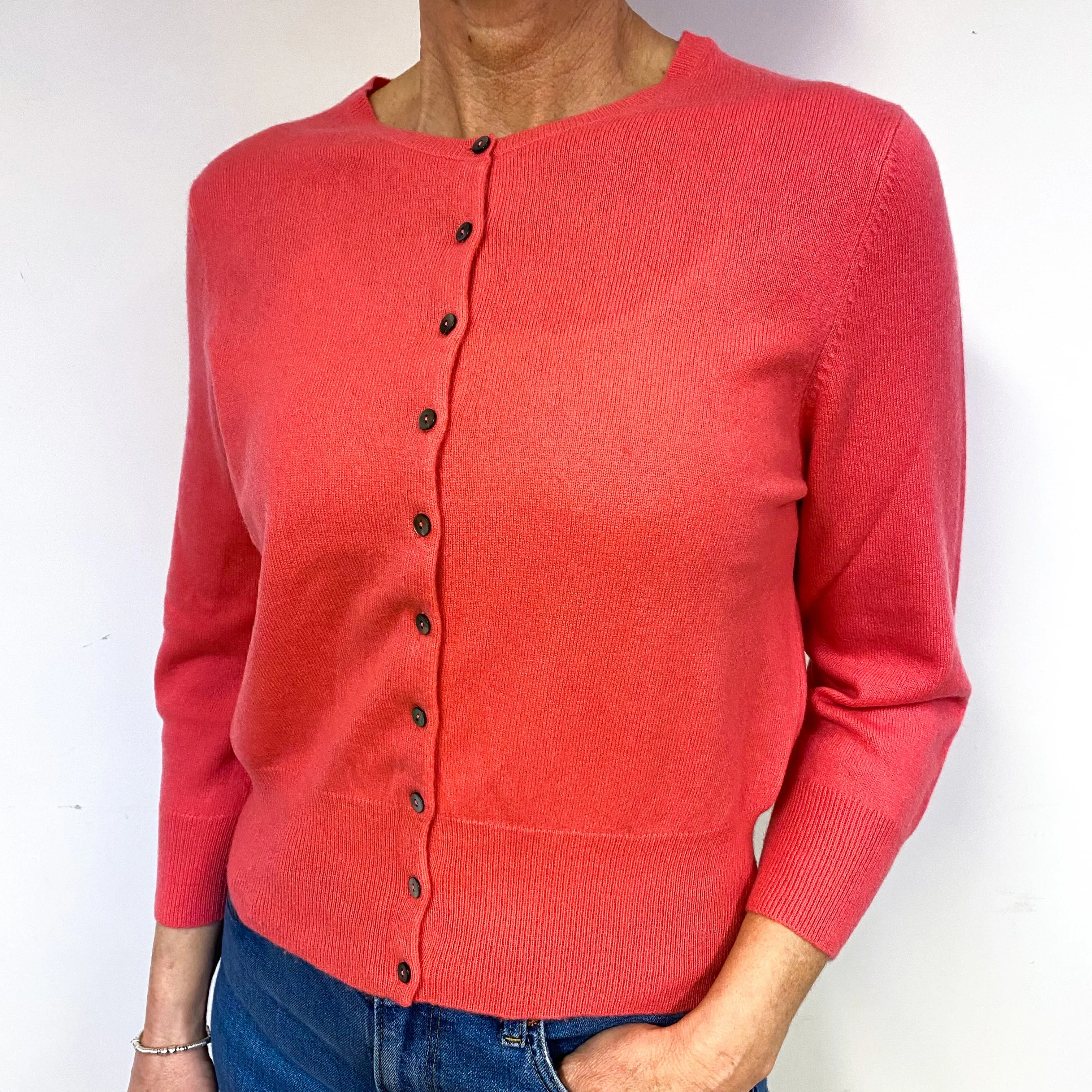 Deep Coral Pink Cropped Cashmere Crew Neck Cardigan Medium