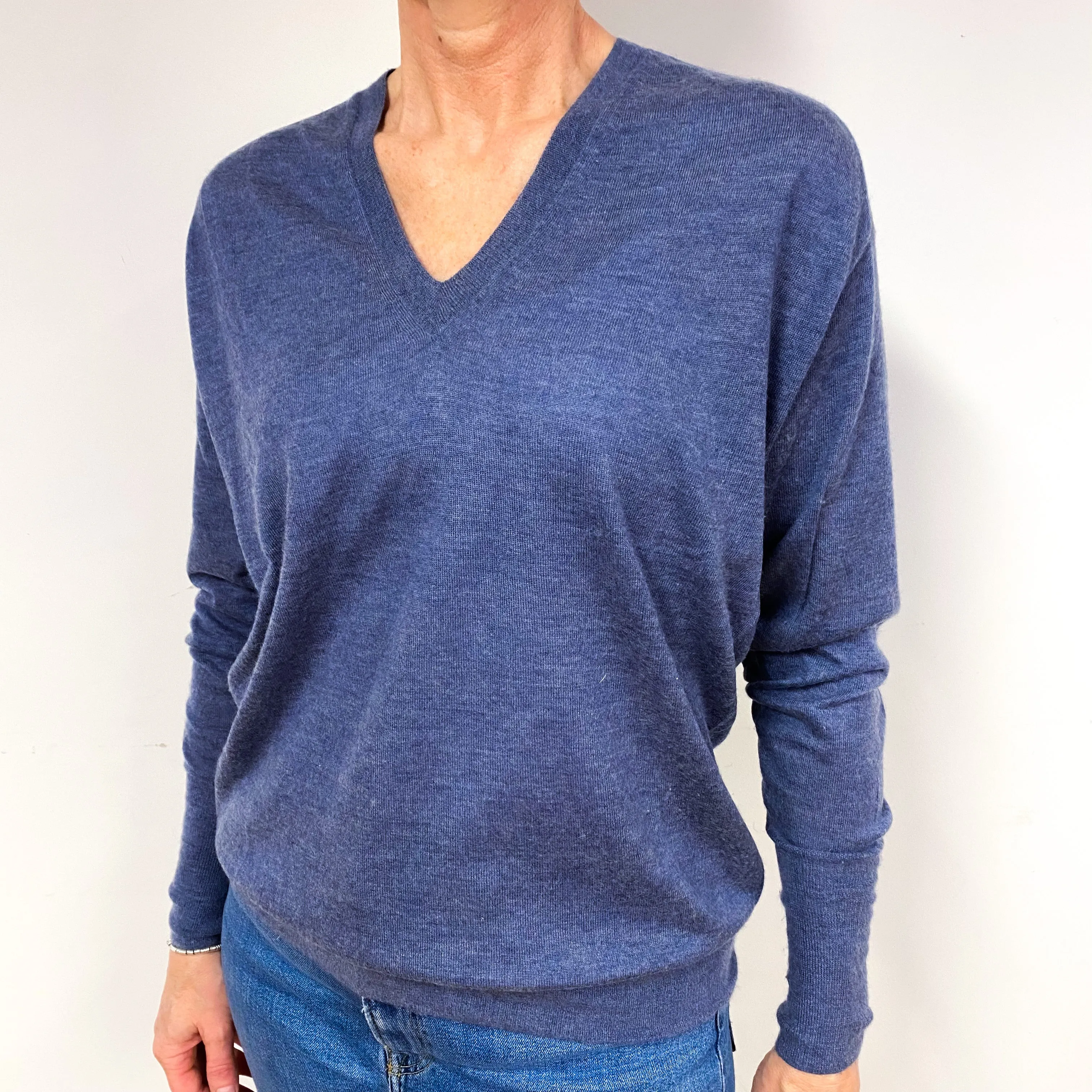 Deep Denim Blue Fine knit Cashmere V-Neck Jumper Medium