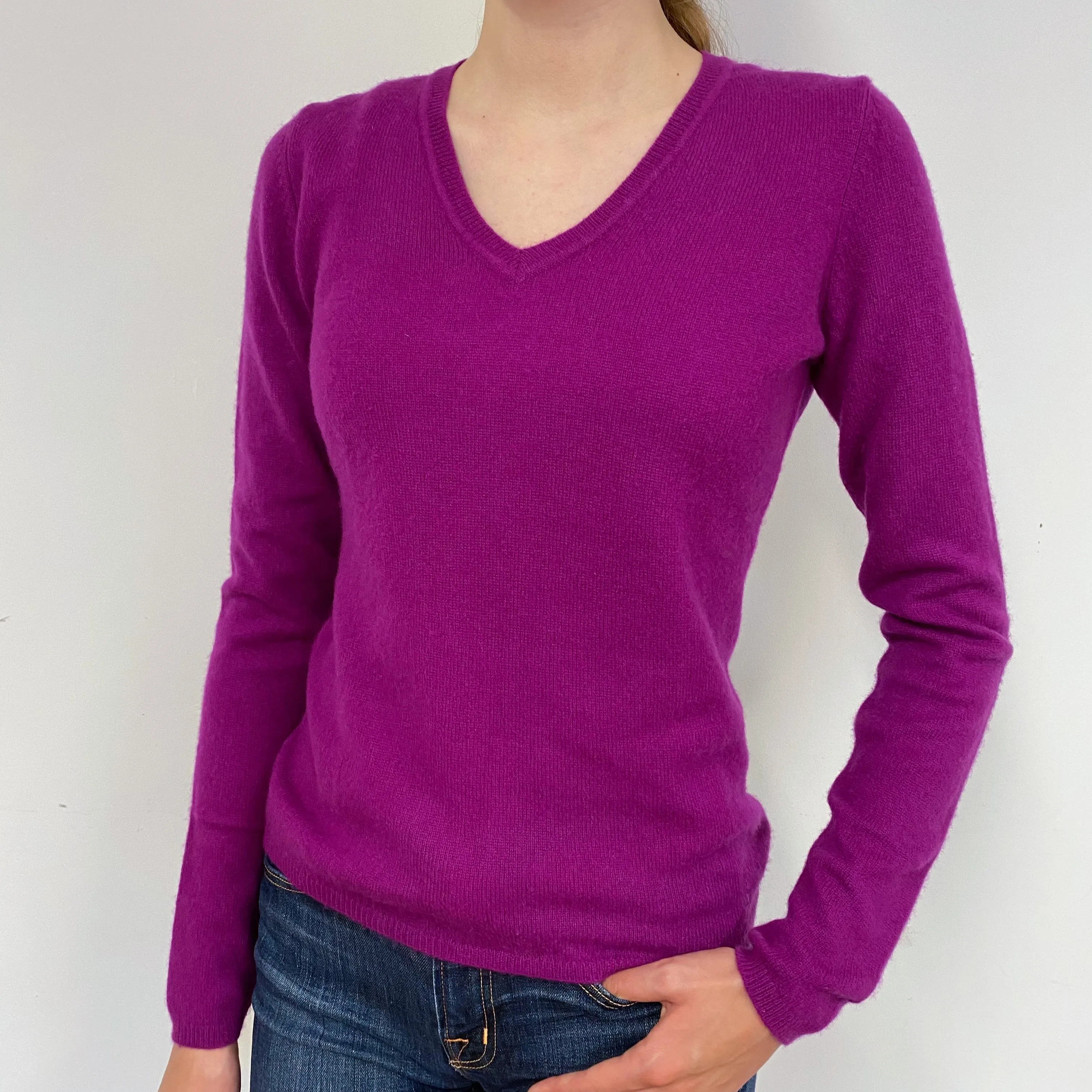 Deep Magenta Pink Cashmere V-Neck Jumper Extra Small